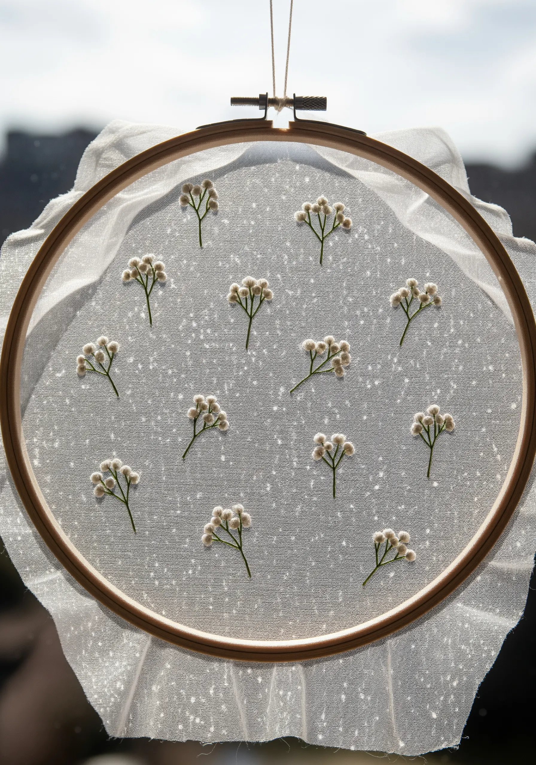 Tiny sprigs of baby's breath embroidered with French knots on sheer, sparkly fabric.