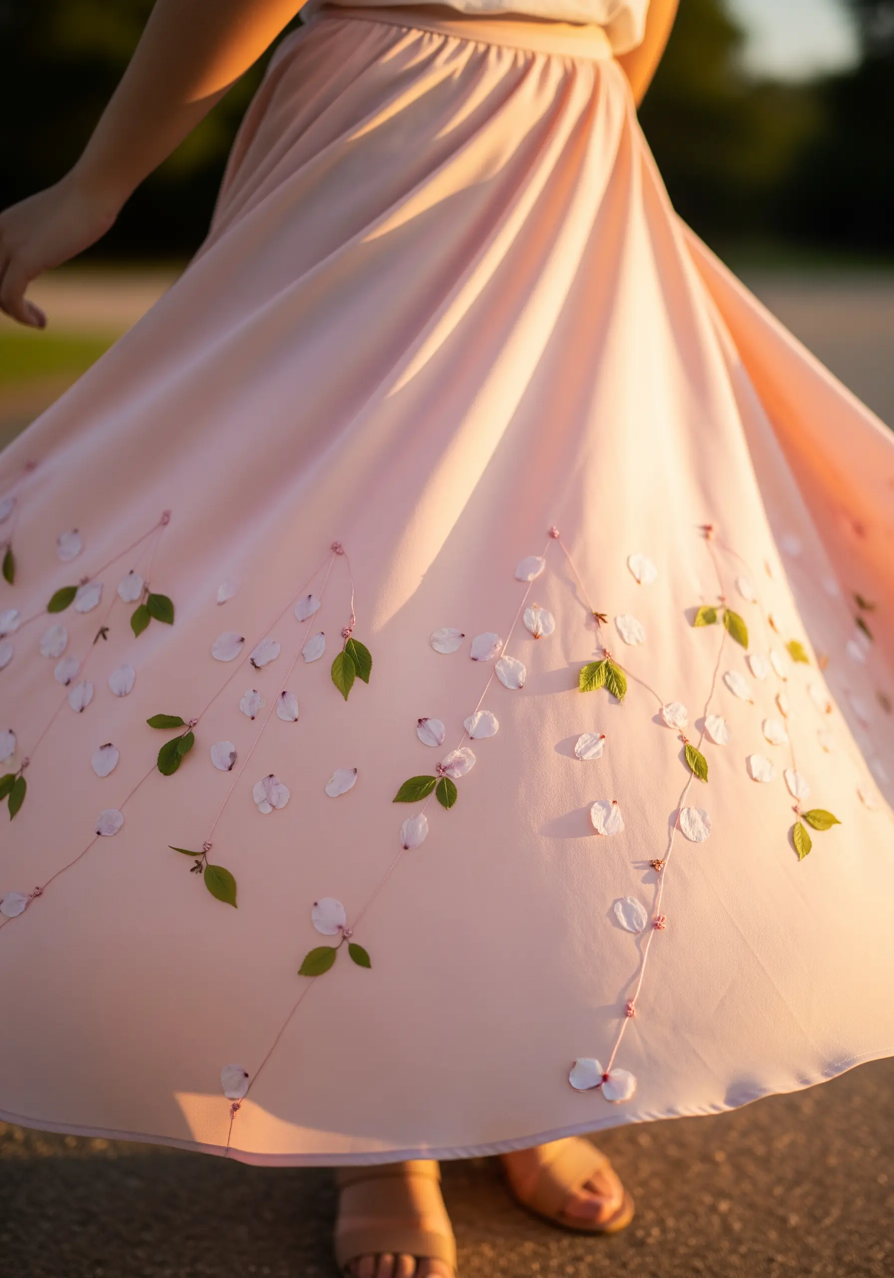 A light pink skirt embellished with scattered cherry blossom petals and delicate embroidered branches.
