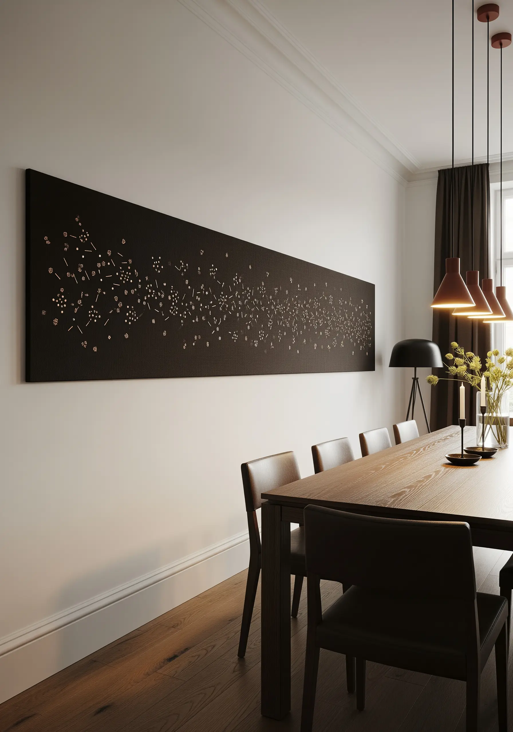 A long, dark panel with an abstract constellation created with small, scattered stitches.