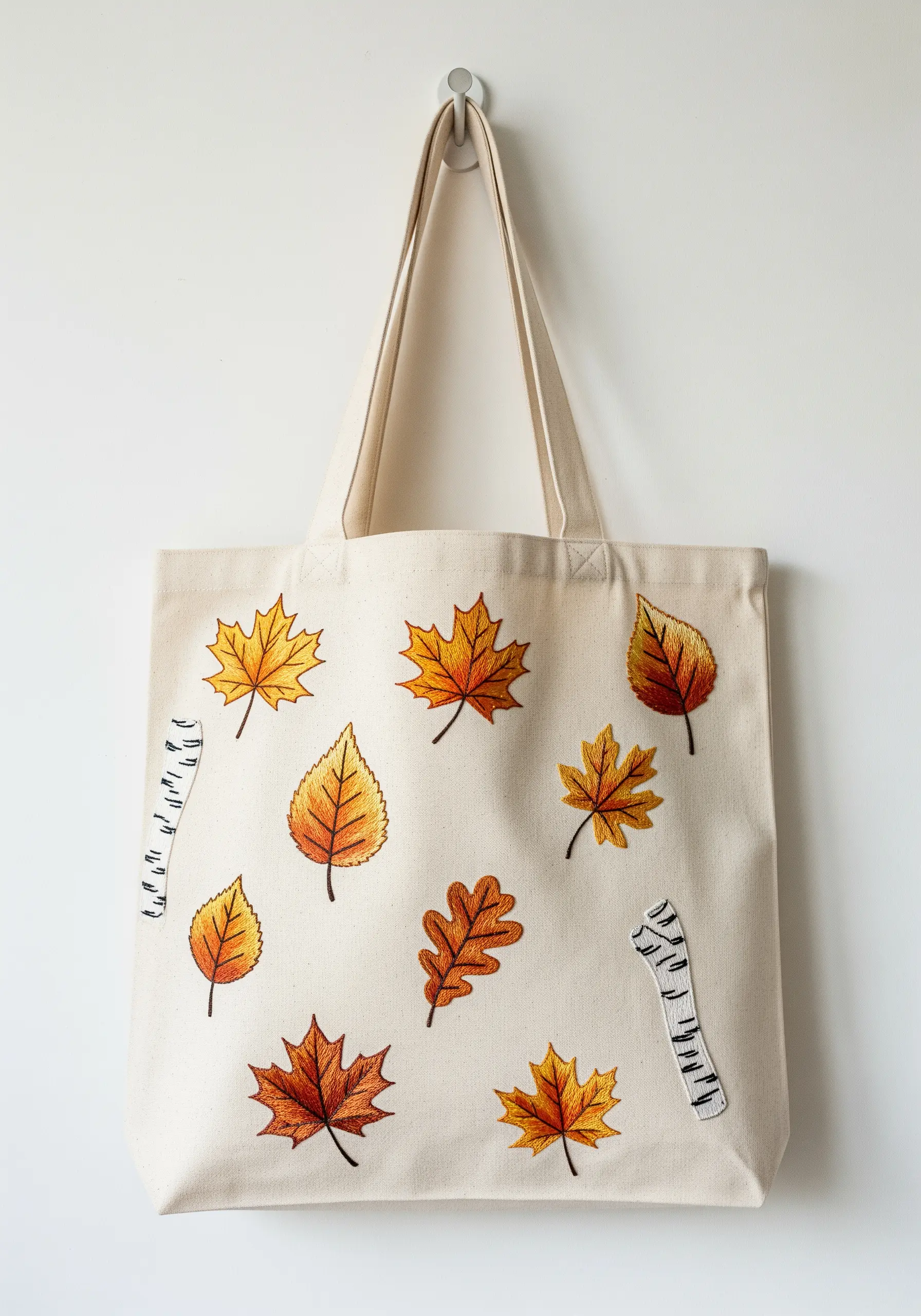 A canvas tote bag decorated with scattered, thread-painted autumn leaves in warm neutral colors.