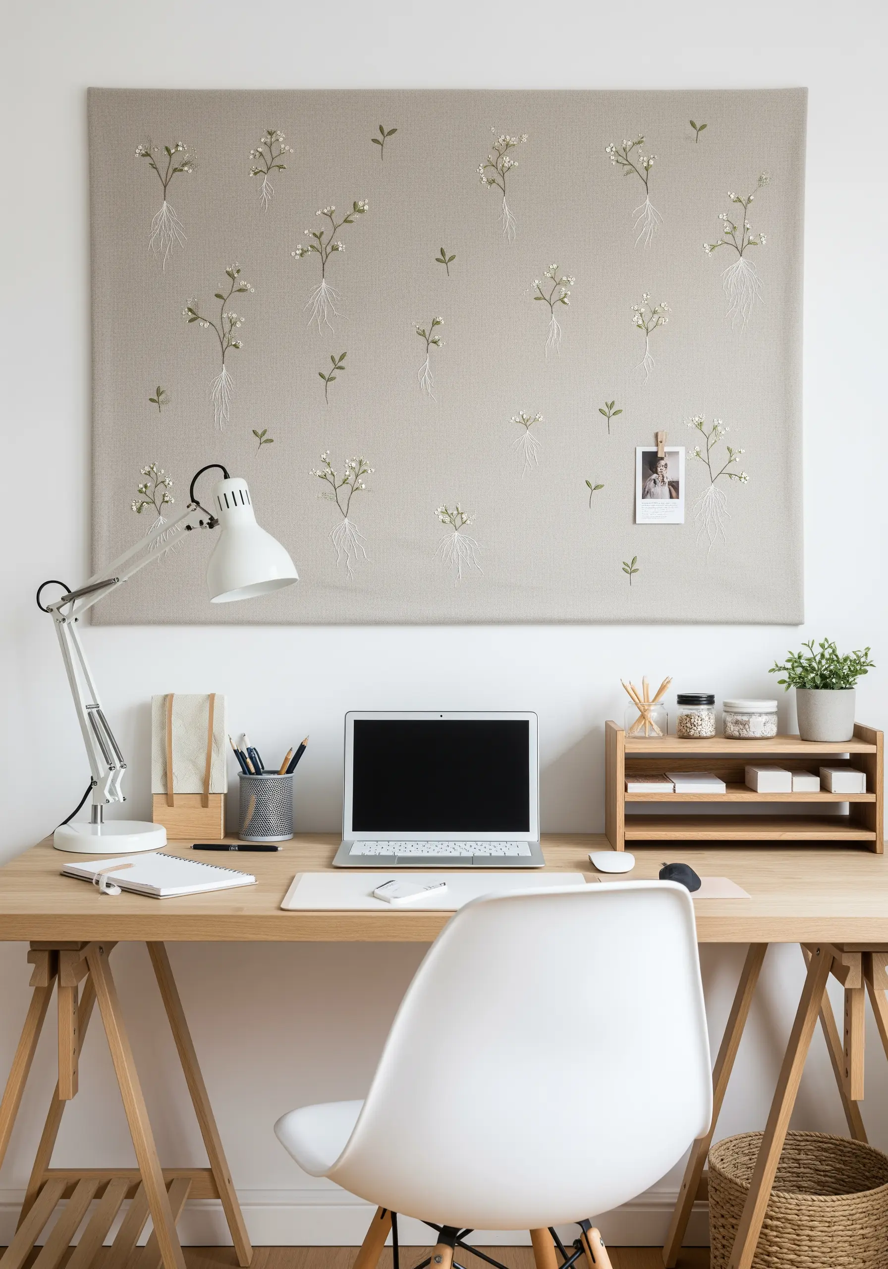 A large linen pinboard with small, scattered botanicals embroidered across its surface.