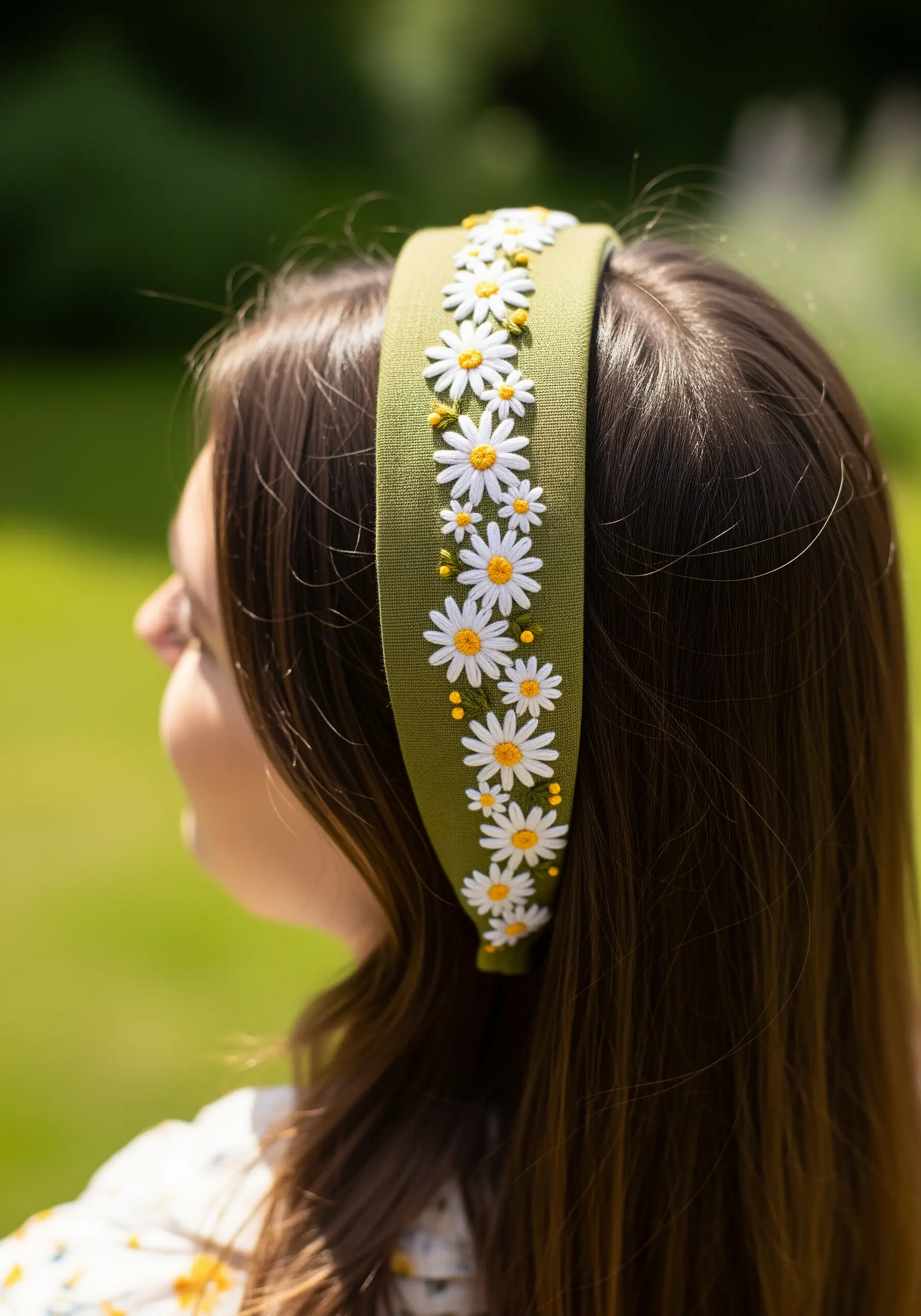 A woman wearing an olive green headband embellished with embroidered daisies.