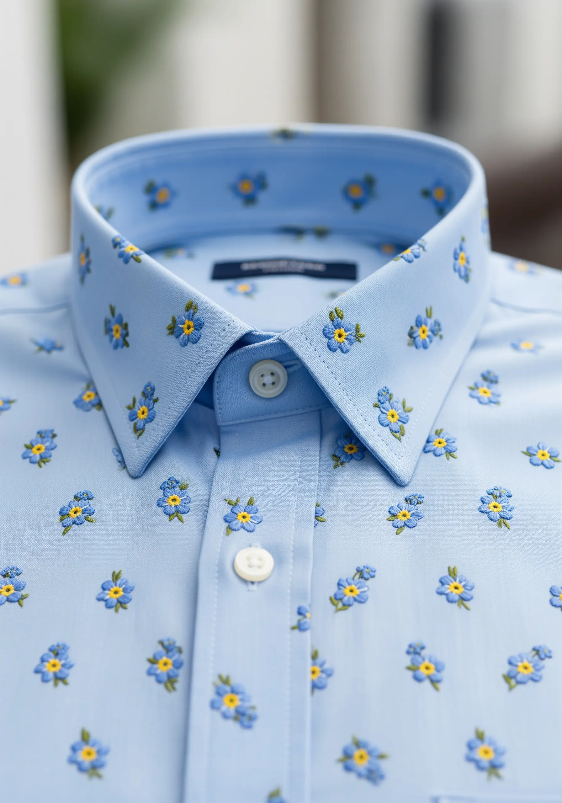 A pattern of tiny blue and yellow forget-me-nots scattered across a light blue shirt.