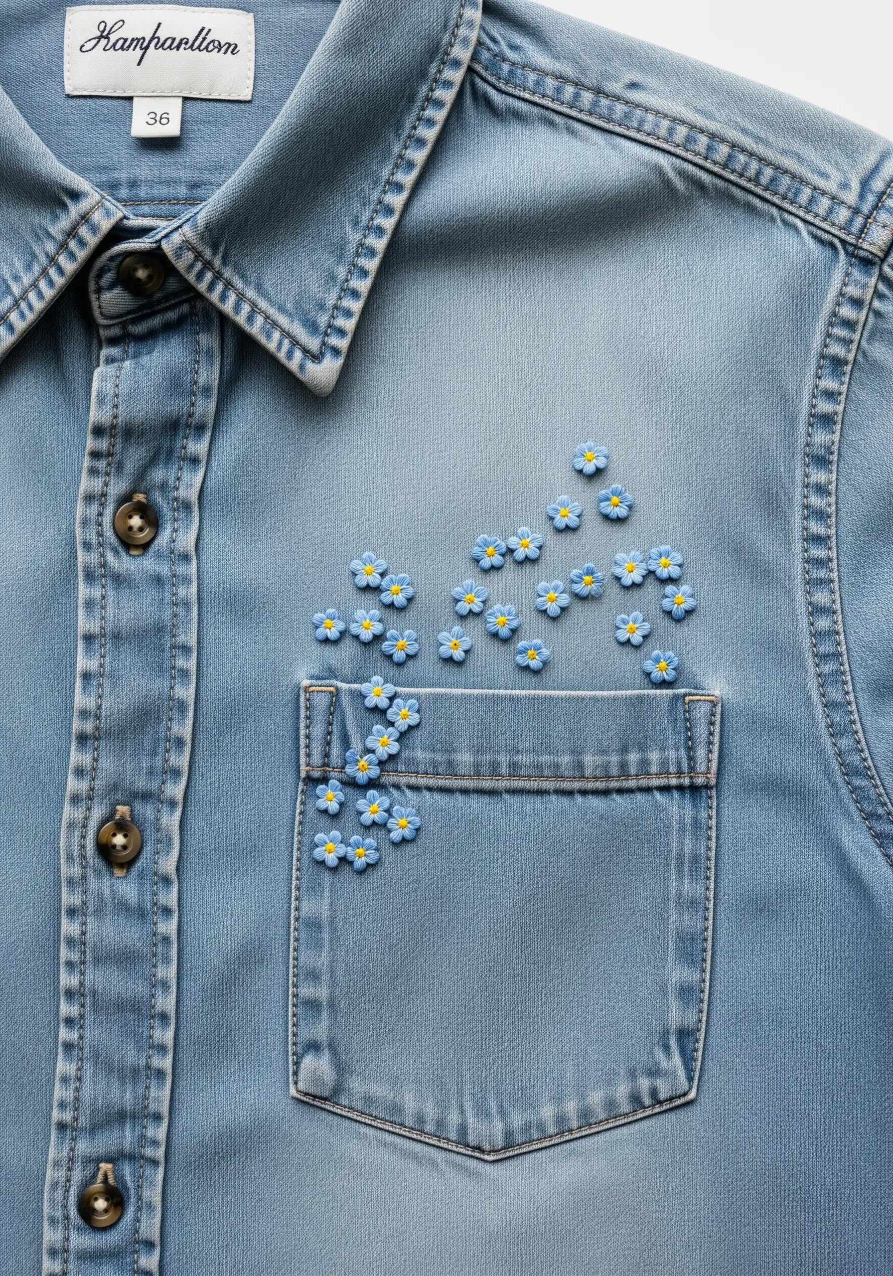 Tiny blue forget-me-not flowers embroidered as if spilling from a denim shirt pocket.