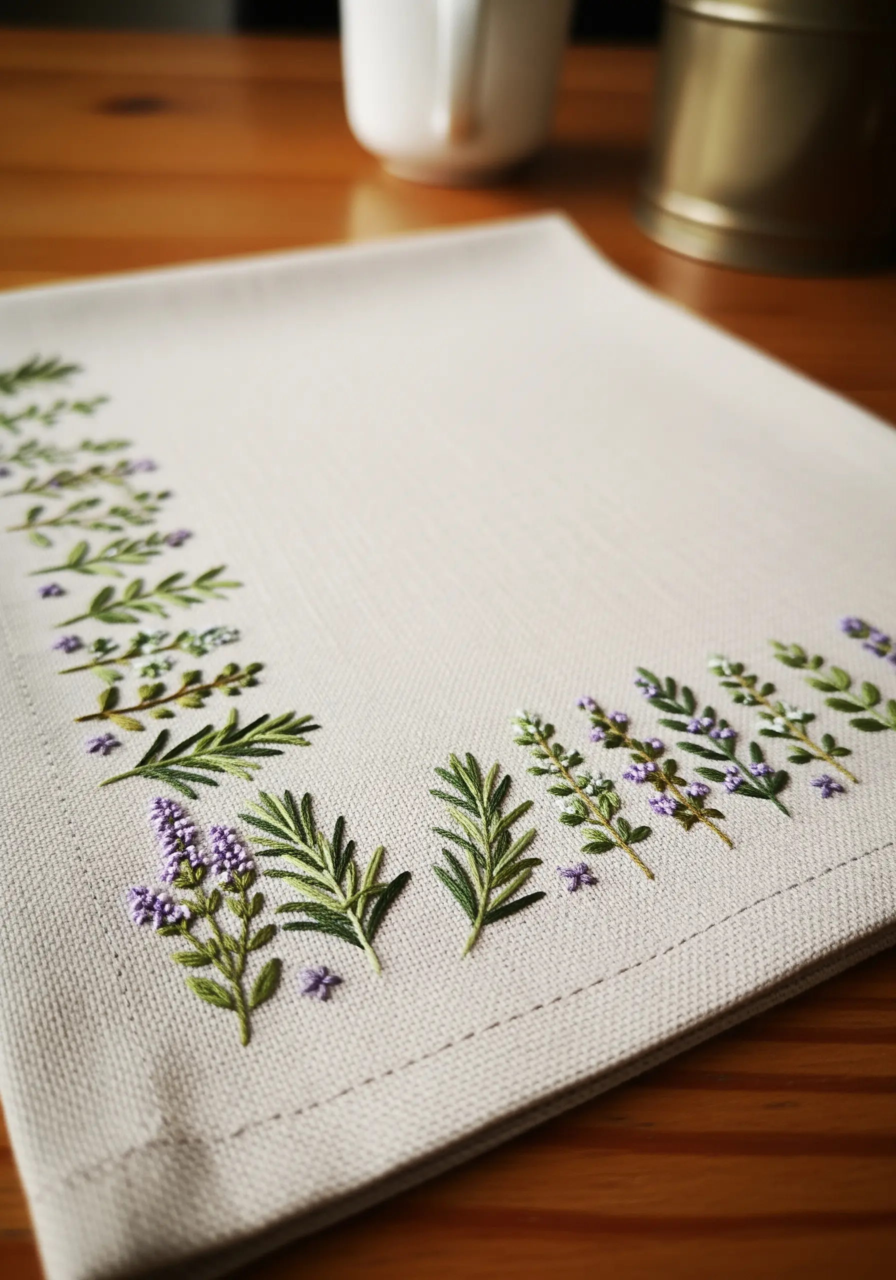 Hand-embroidered rosemary and lavender sprigs on a natural linen napkin.