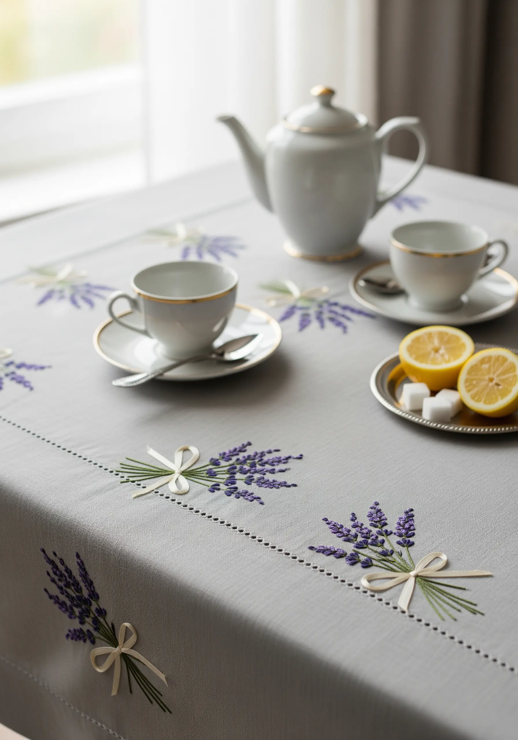 Scattered bouquets of embroidered lavender tied with tiny ribbon bows on a gray tablecloth.