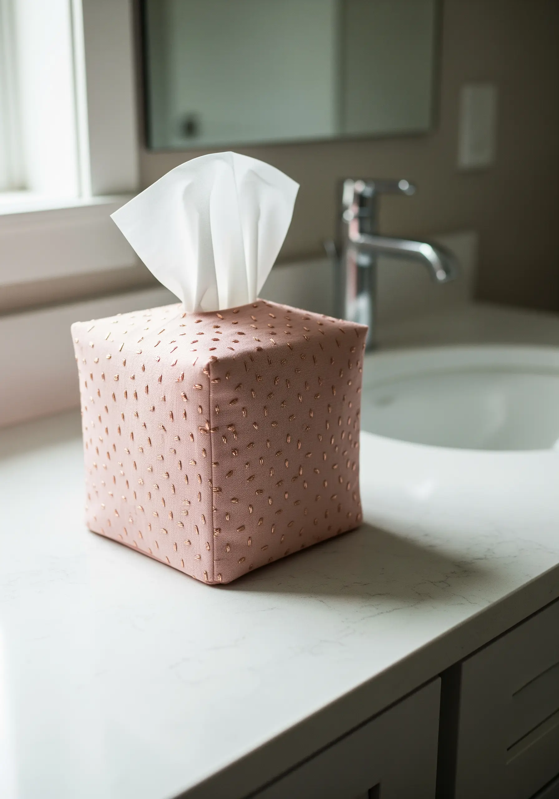A pink fabric tissue box cover embellished with scattered gold metallic seed stitches.