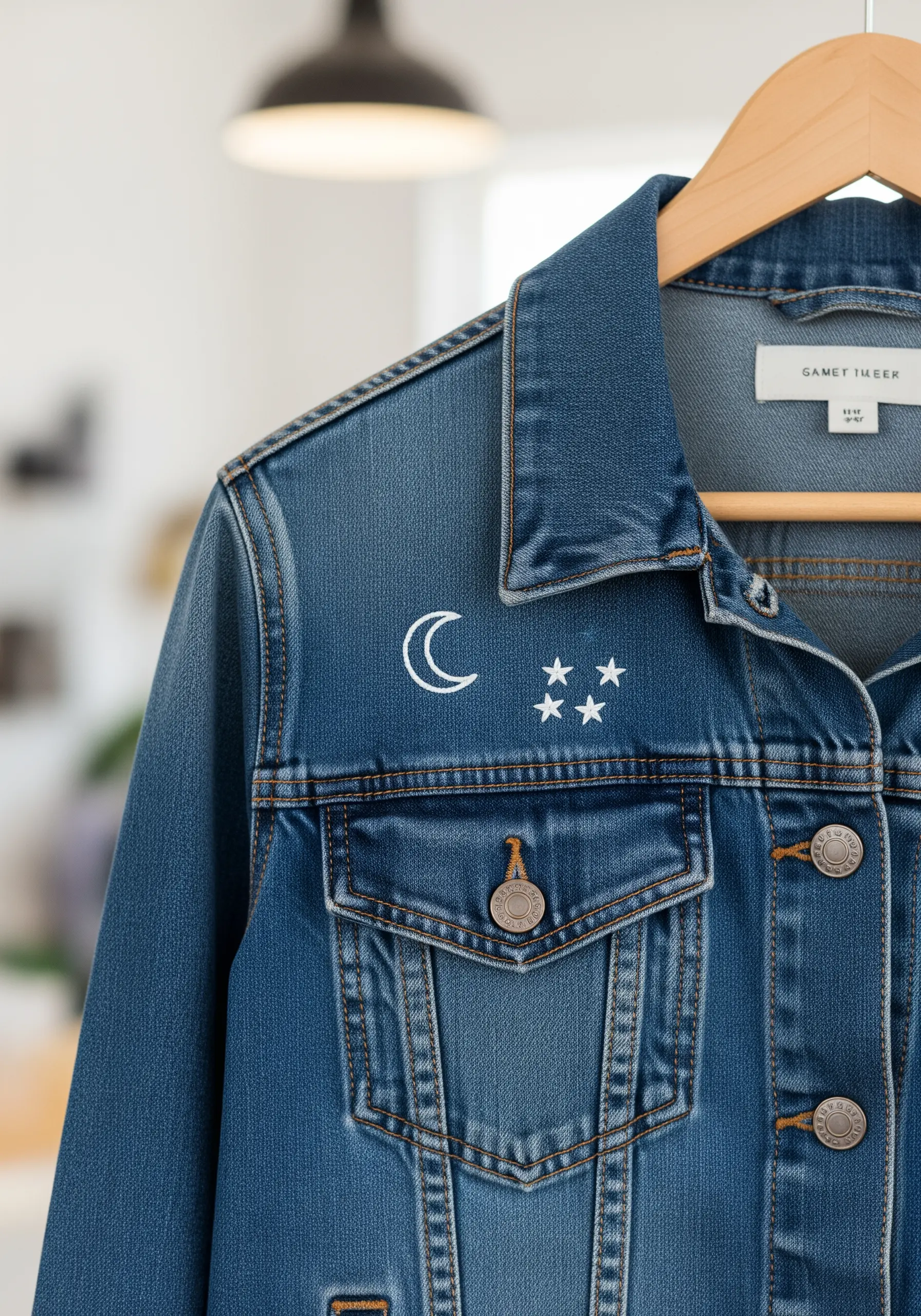 Small white embroidered moon and stars on the collar of a denim jacket.