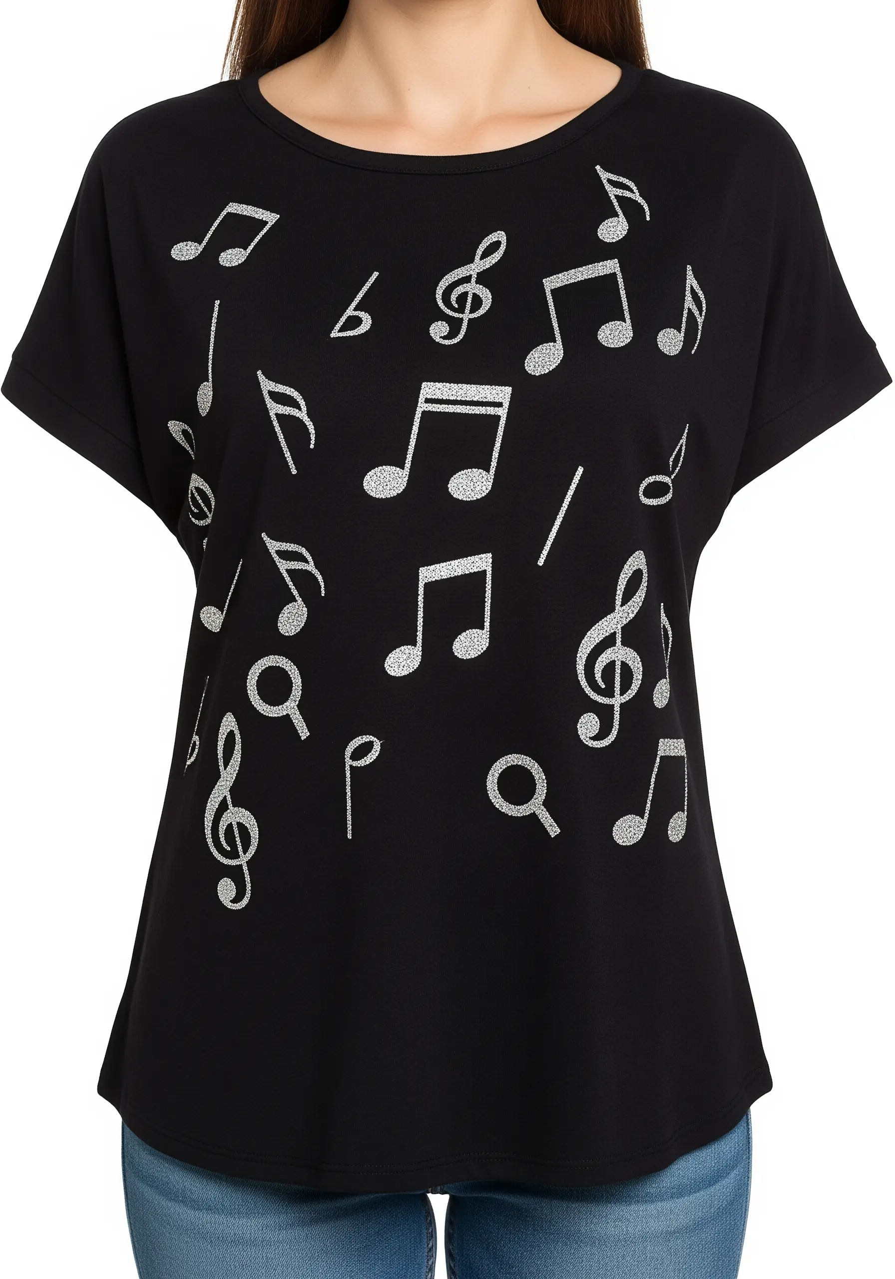 Silver glitter musical notes scattered across the front of a black t-shirt.