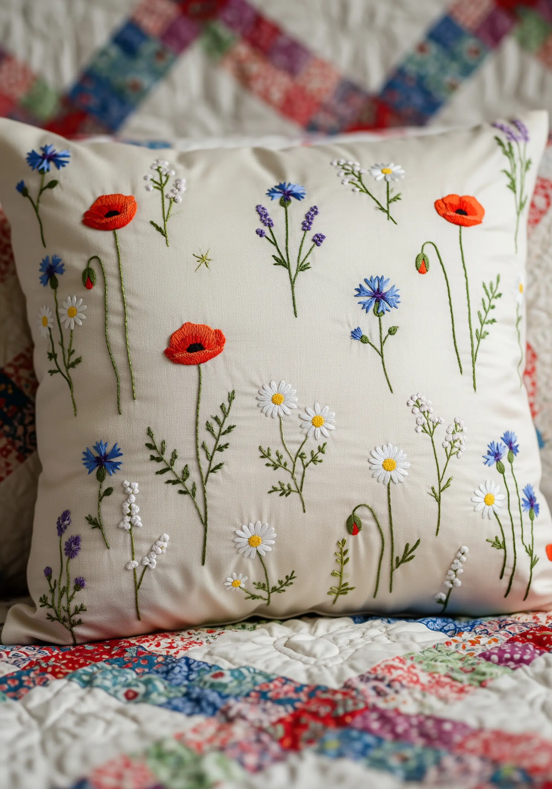 A variety of small embroidered wildflowers scattered across a cream pillow.
