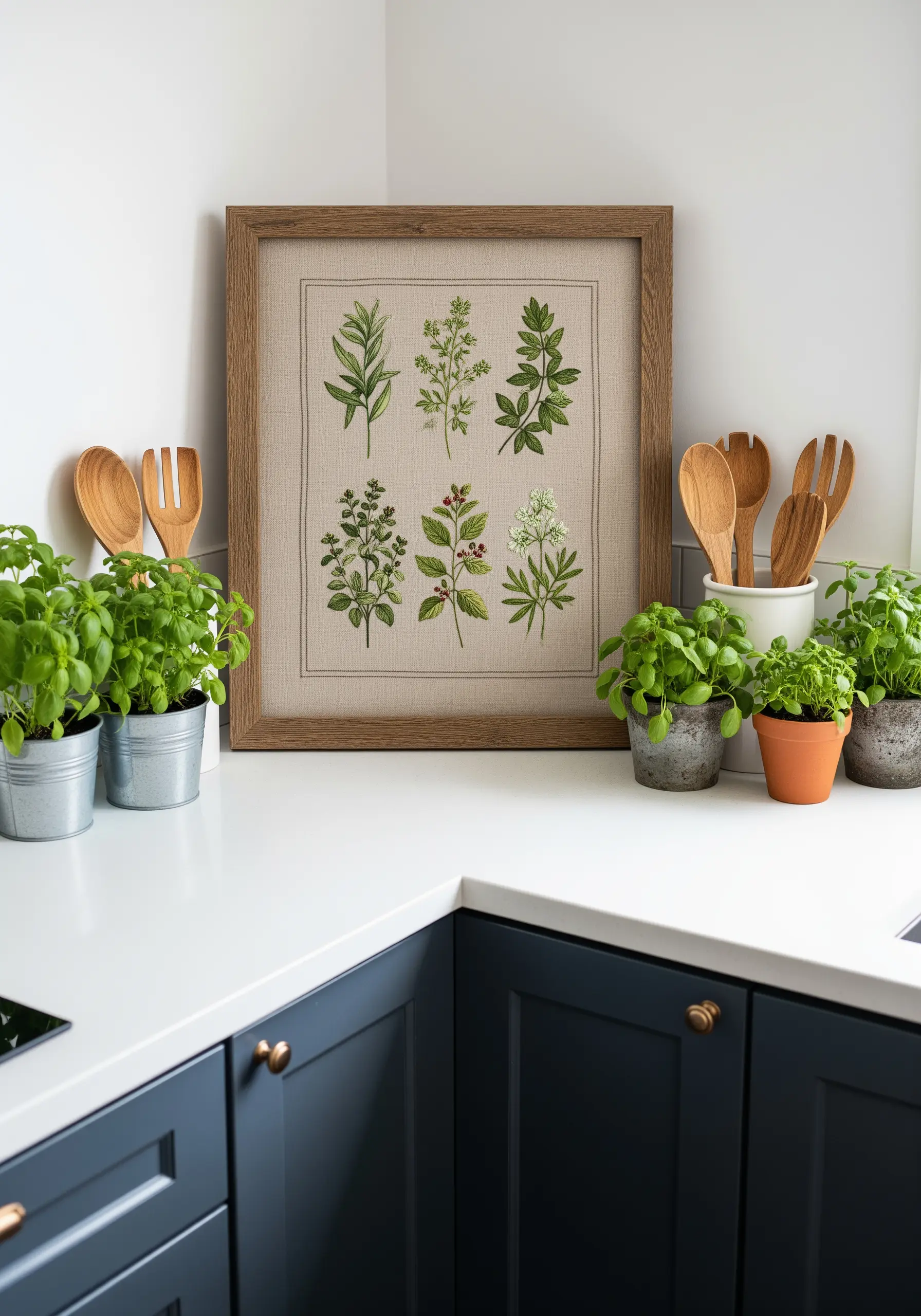 Framed embroidery of six different green herb sprigs on linen