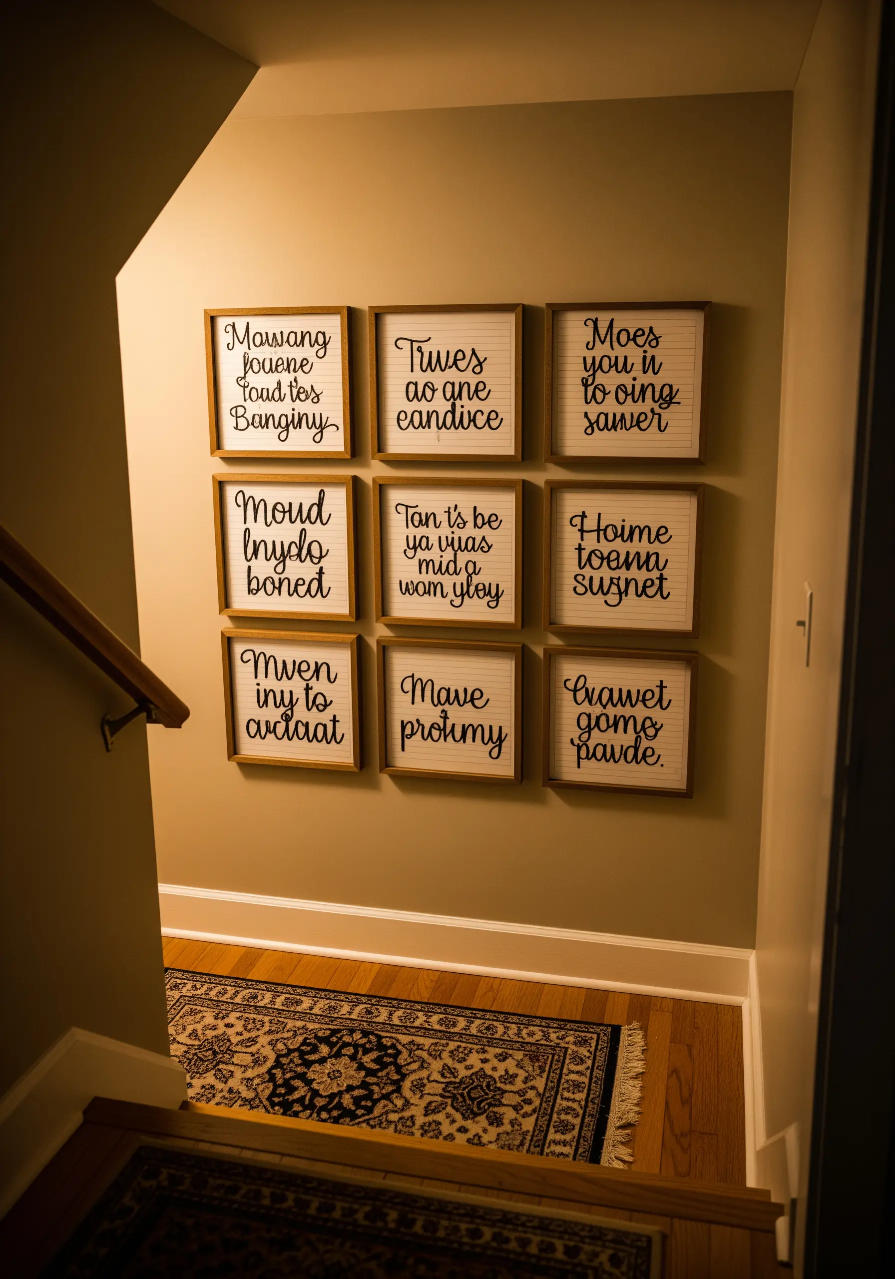 Grid of nine wooden frames featuring calligraphic text embroidery