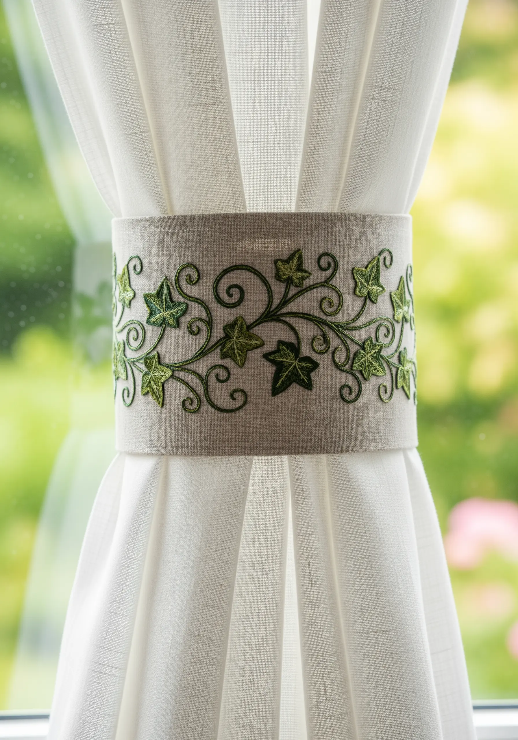 Linen curtain tie-back featuring green ivy scrollwork embroidery