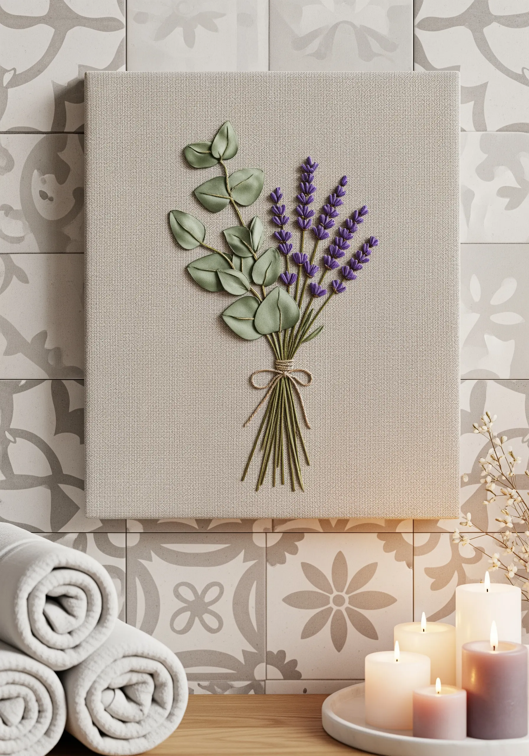 A realistic bouquet of lavender and eucalyptus on canvas, with raised 3D leaves.