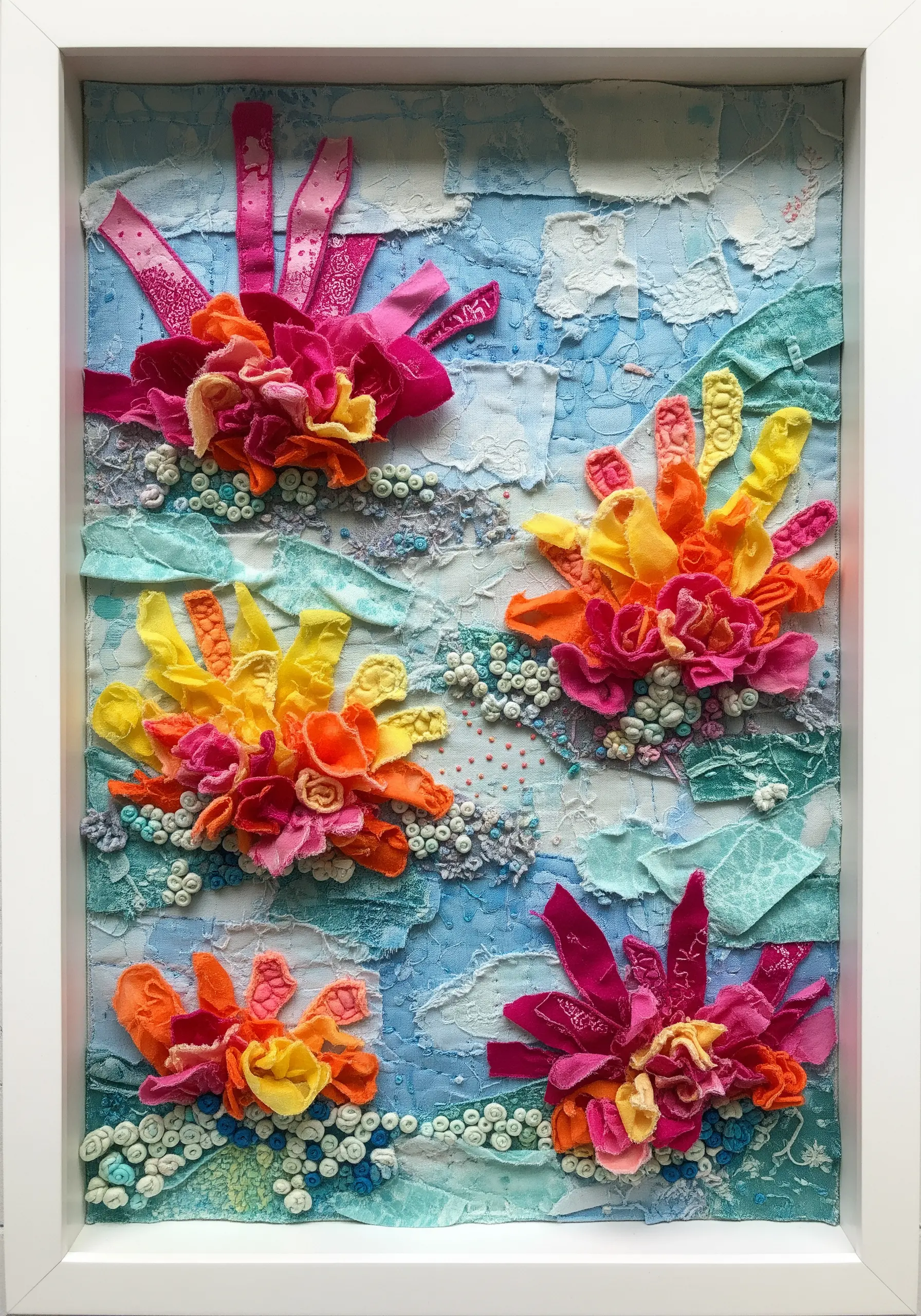Framed 3D wall art with floral clusters made from folded fabric scraps and beads.