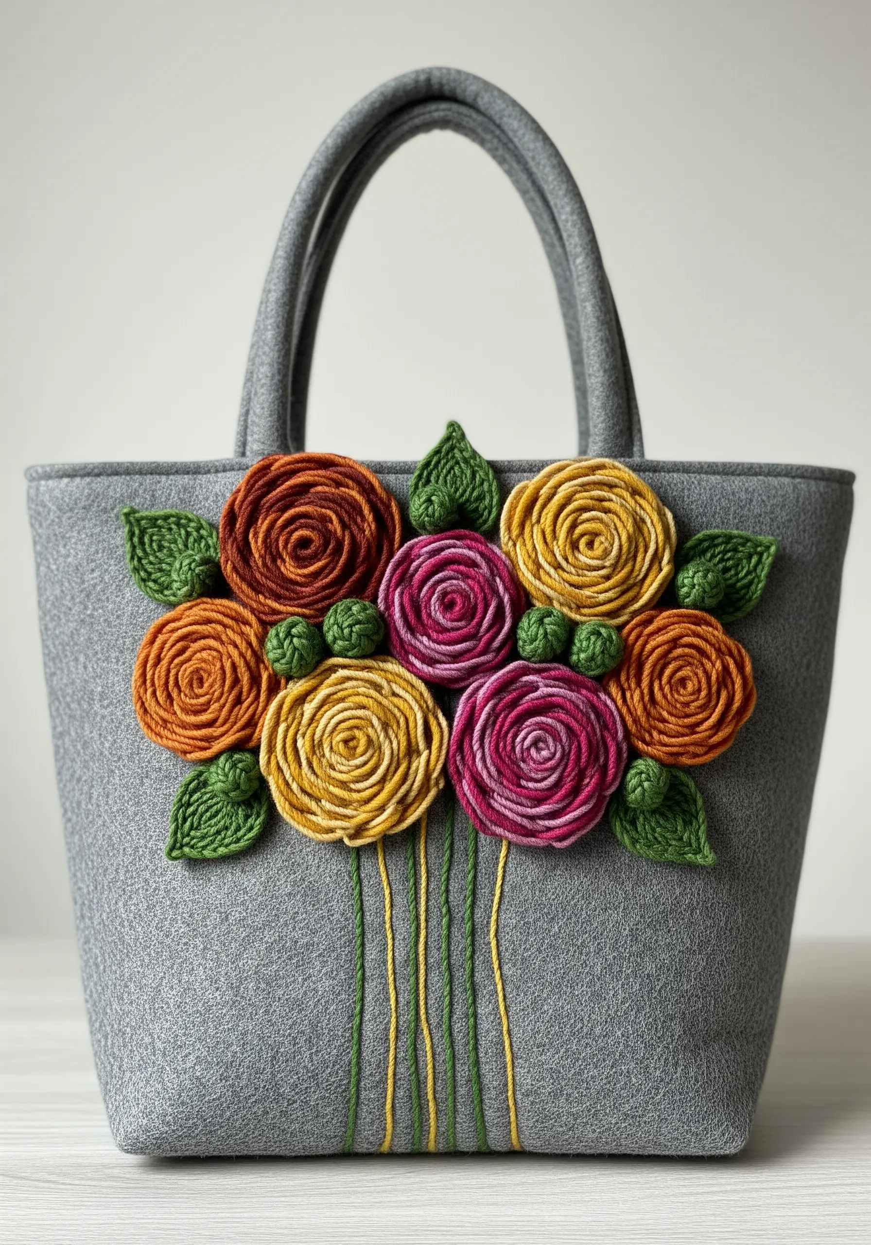 A bouquet of 3D woven wheel stitch roses in various colors on a gray felt tote bag.