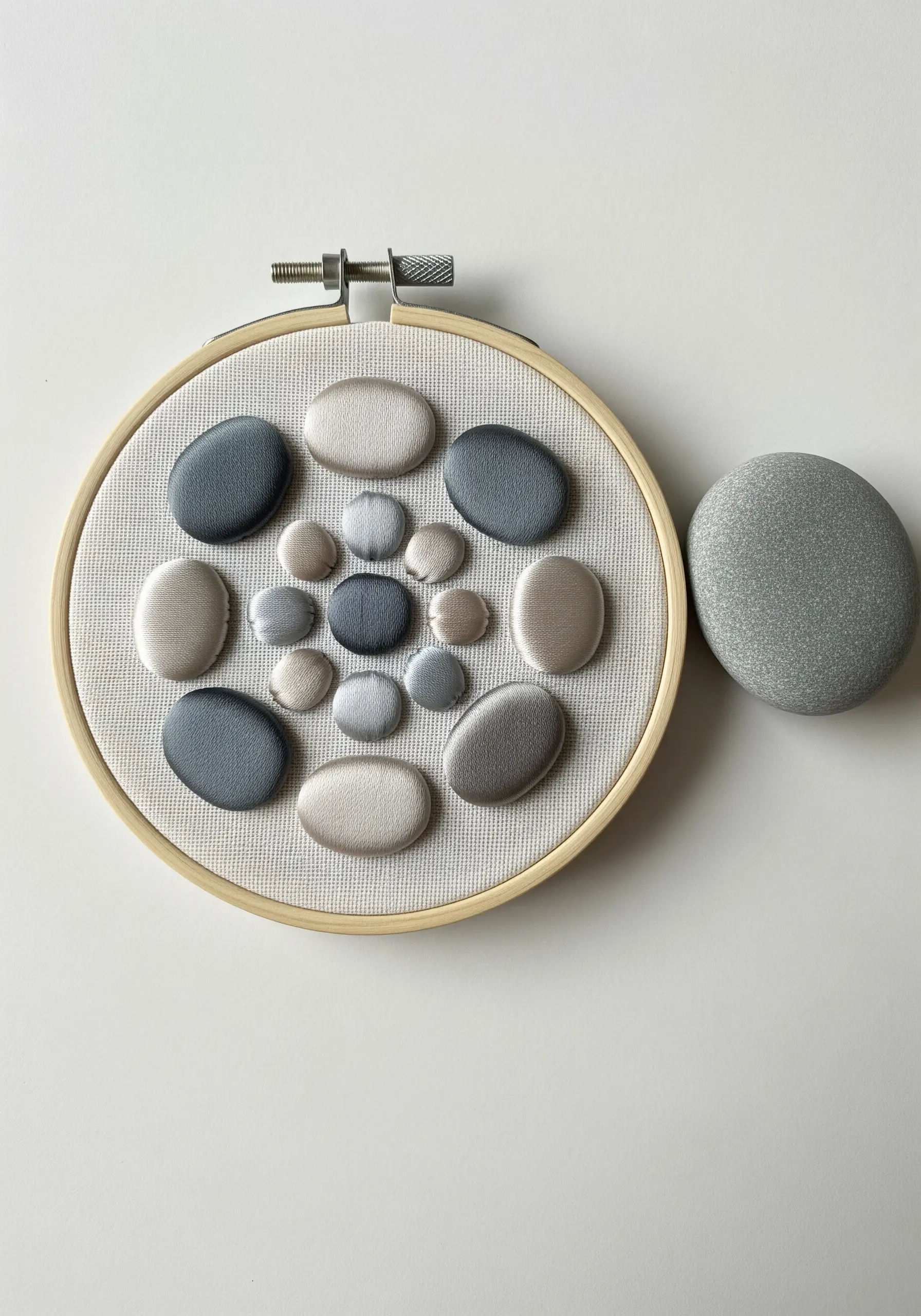 A mandala made of smooth, raised satin-stitched pebbles in shades of grey.