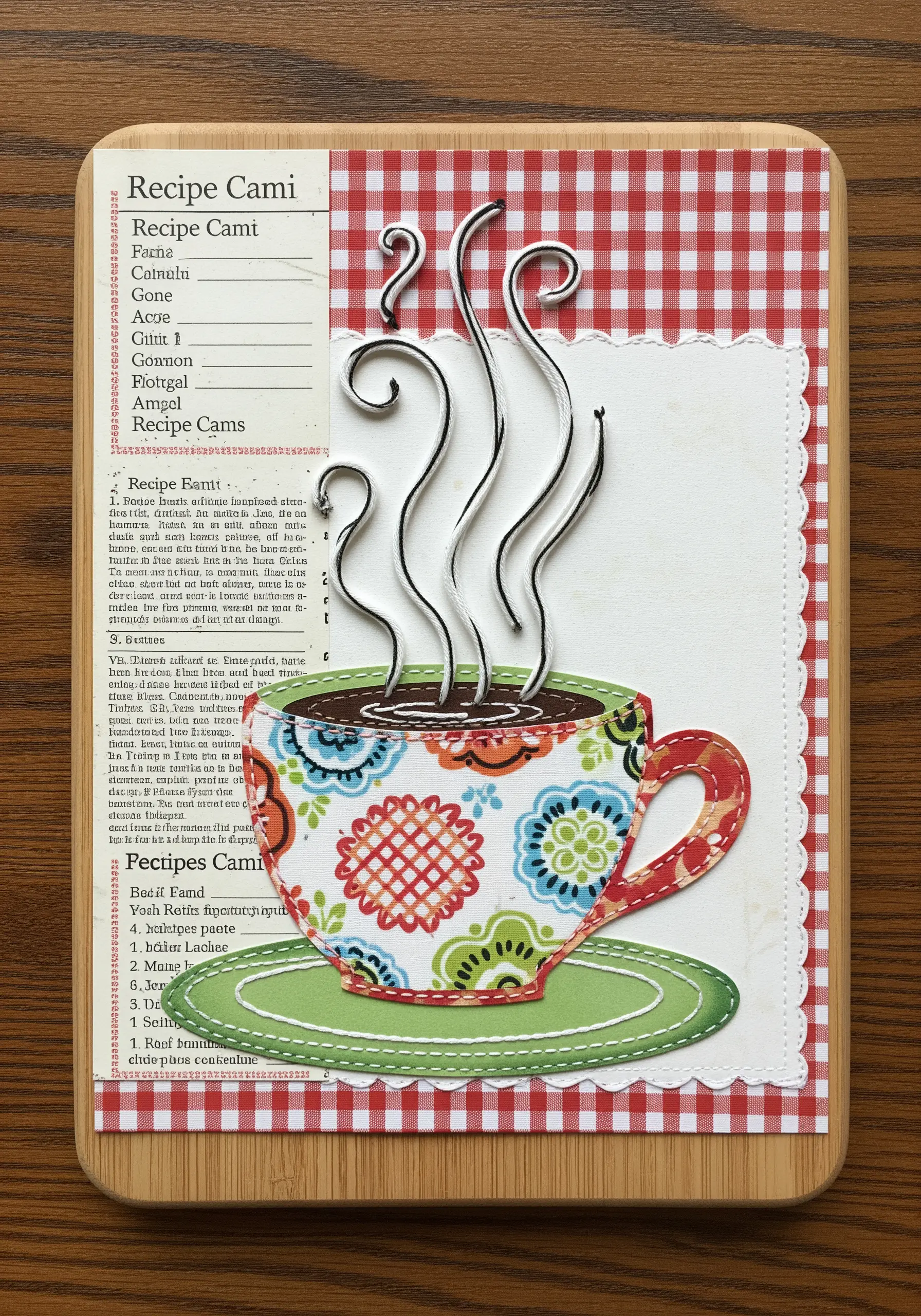 Paper collage of a coffee cup with whimsical steam swirls made from wire or stiff thread.