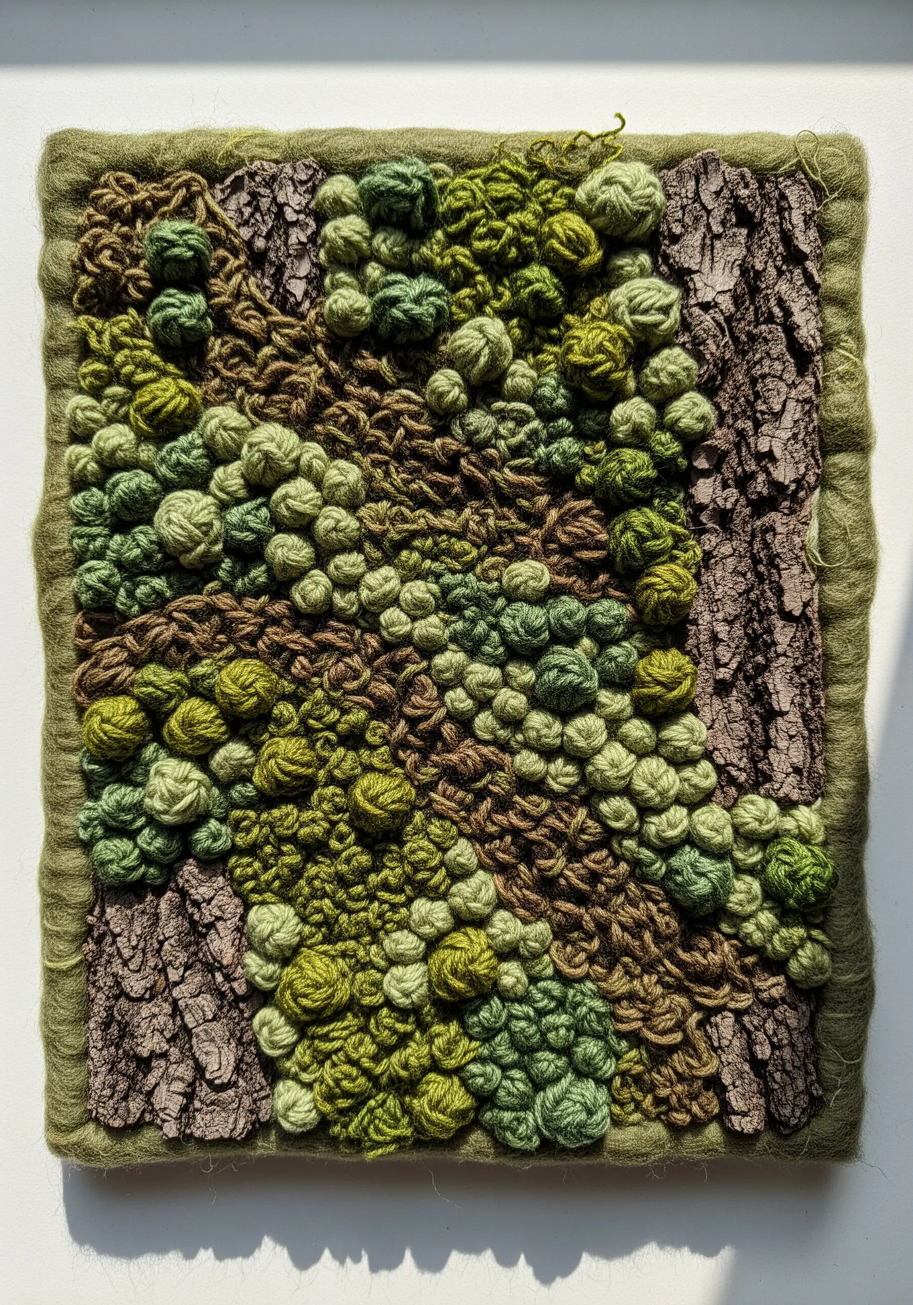A highly textured, 3D embroidery of moss and lichen on tree bark