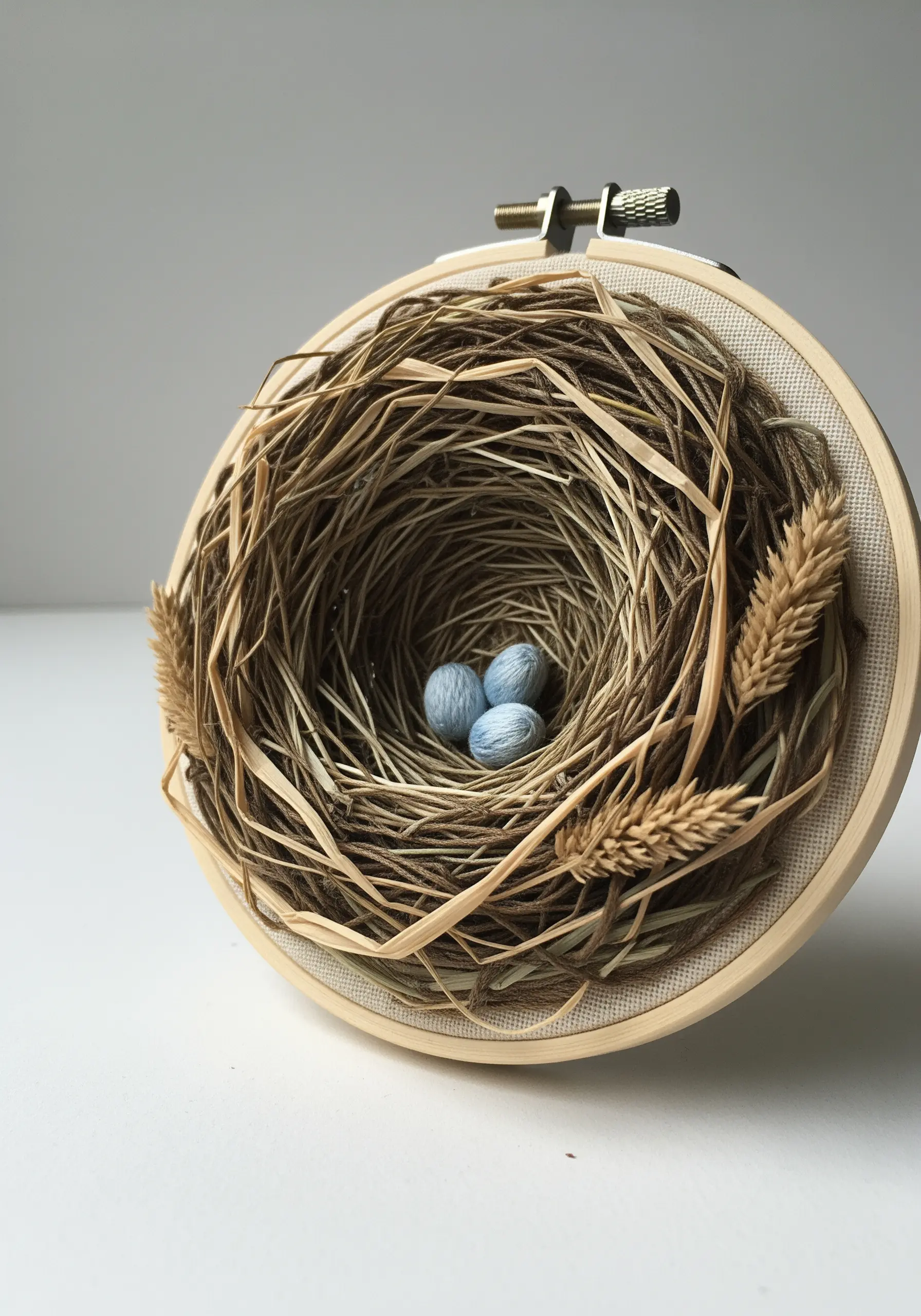 3D bird's nest embroidery made with raffia and jute, holding three blue eggs.