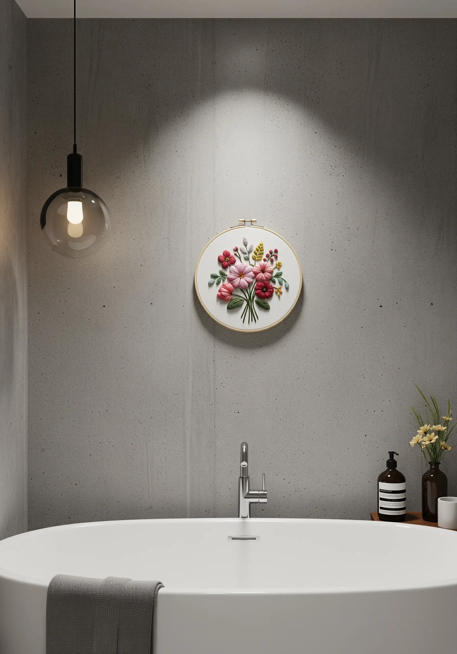 A dimensional floral bouquet with 3D woven wheel roses and bullion knots.