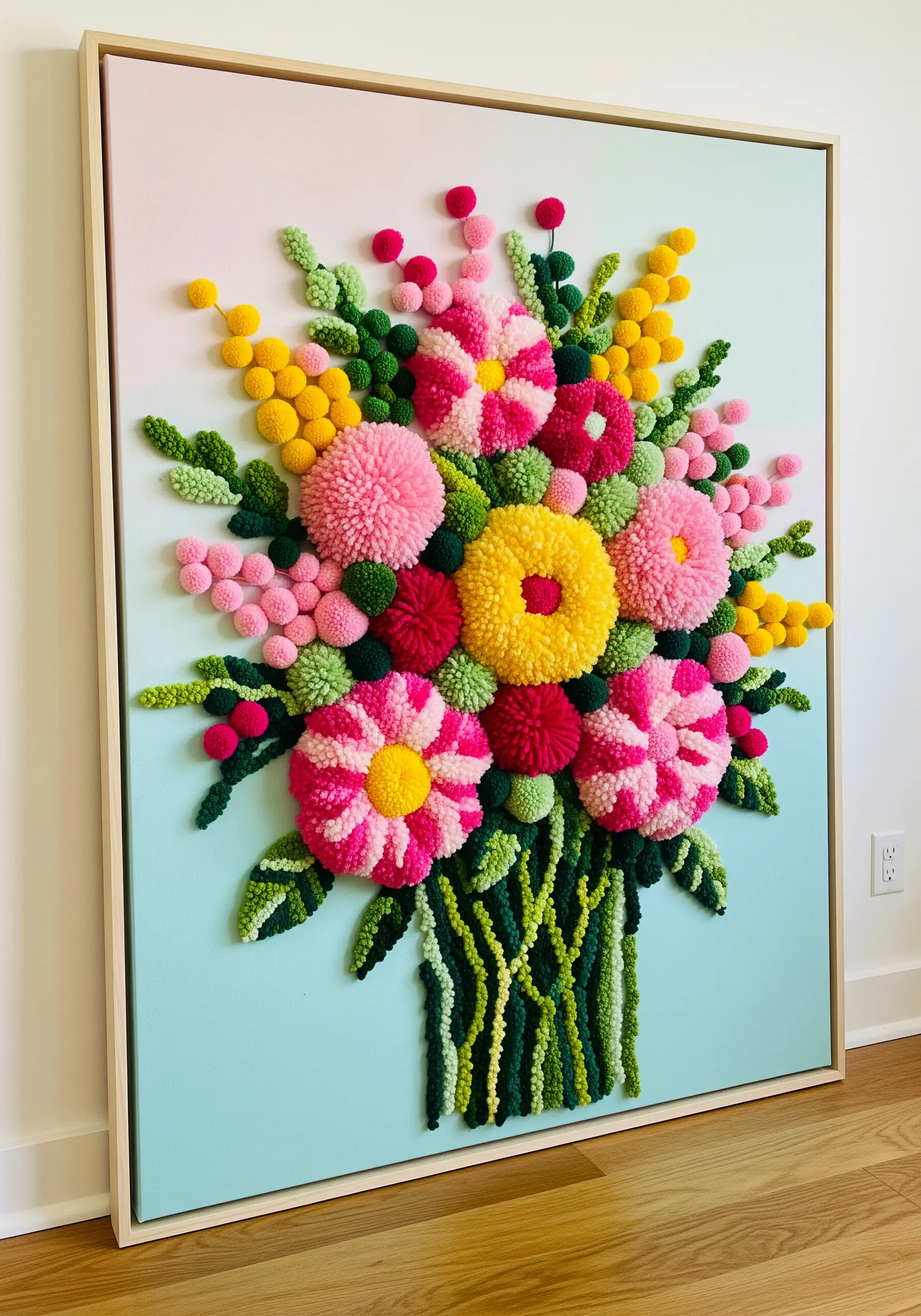 A framed canvas featuring a vibrant 3D bouquet made of colorful pom-poms and textured yarn.