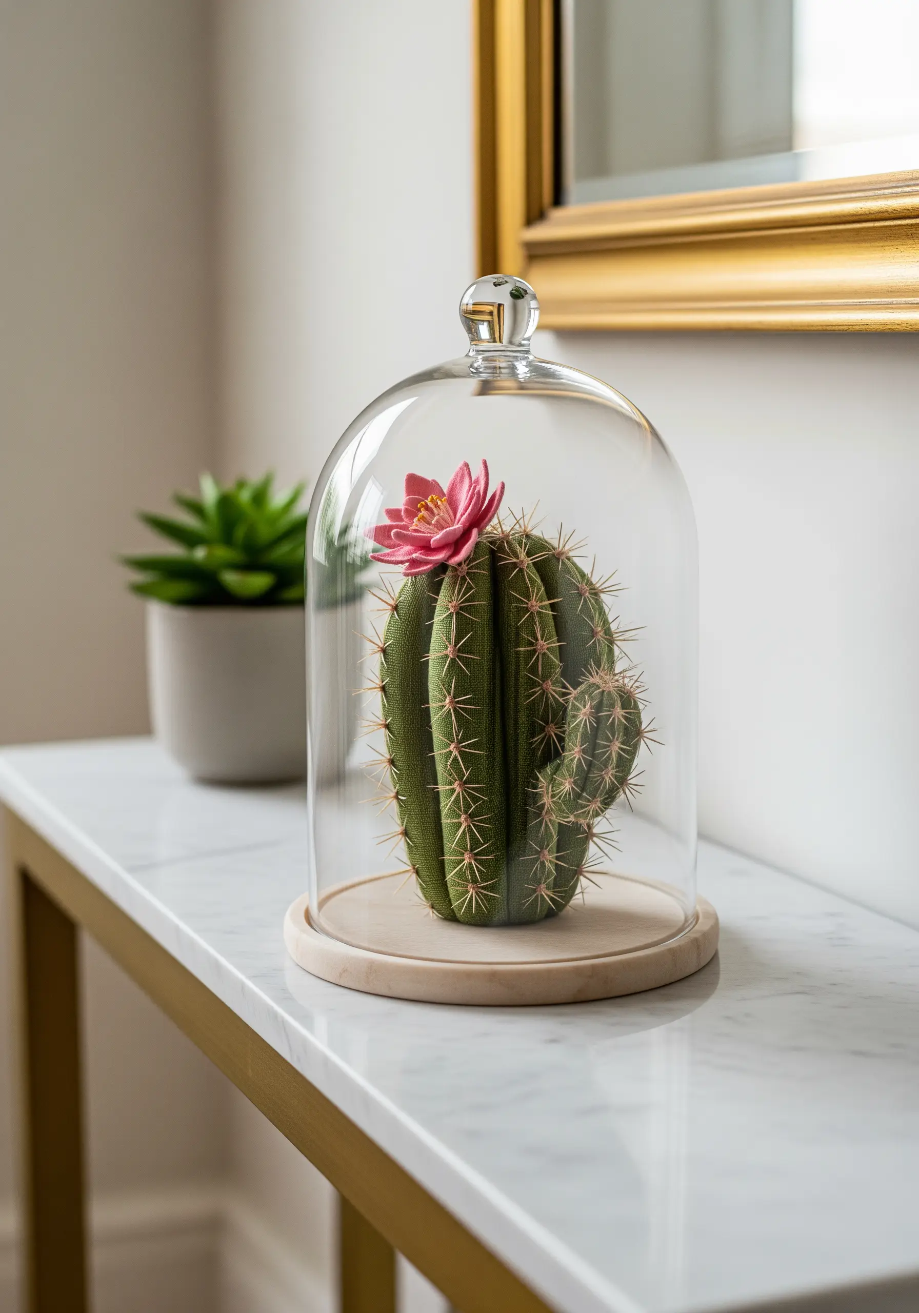 3D stumpwork cactus with a pink flower displayed under a glass cloche.