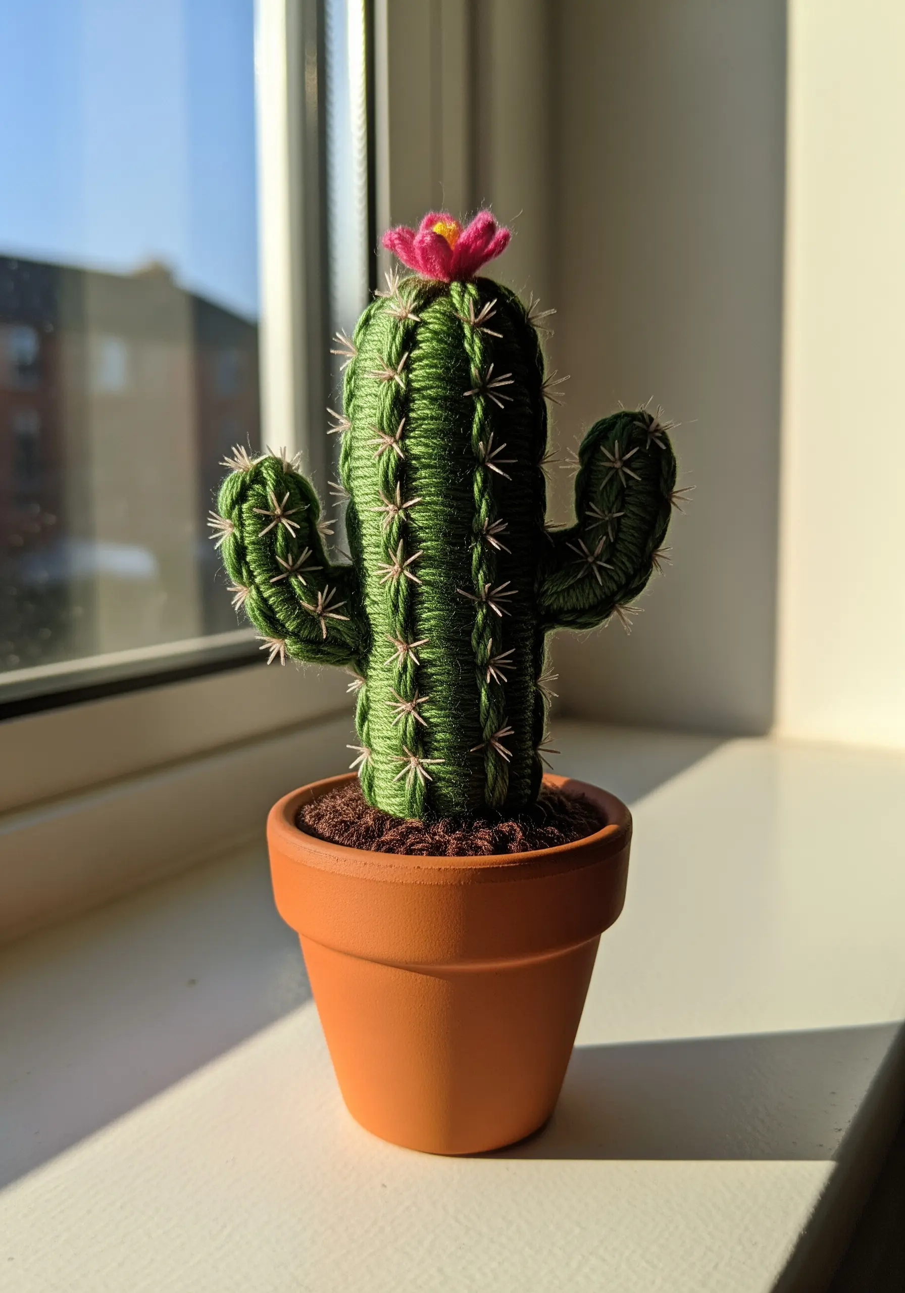 A 3D embroidered cactus sculpture made from wrapped green thread with a pink flower, in a tiny pot.