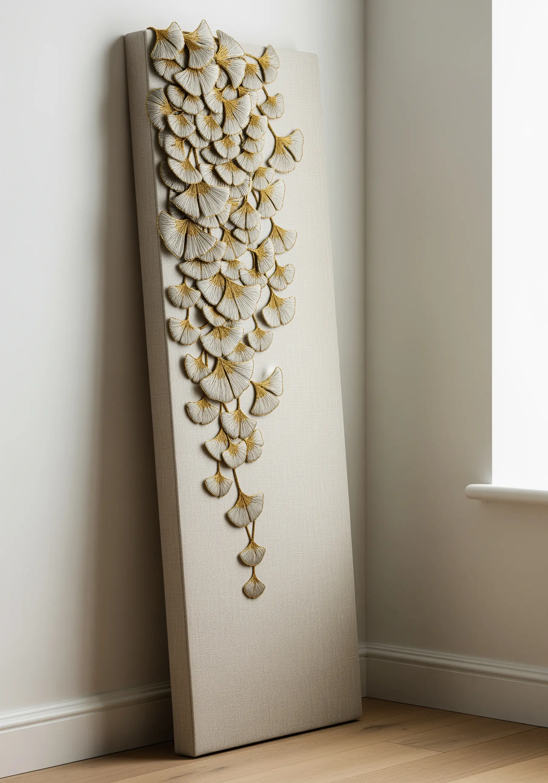 3D embroidered ginkgo leaves with gold edges cascading down a tall canvas.