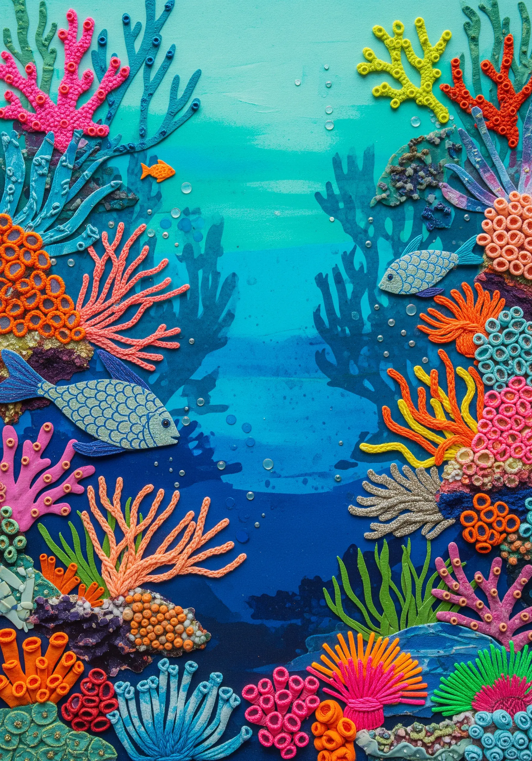 A vibrant underwater scene with 3D embroidery, including French knots and turkey work for coral.