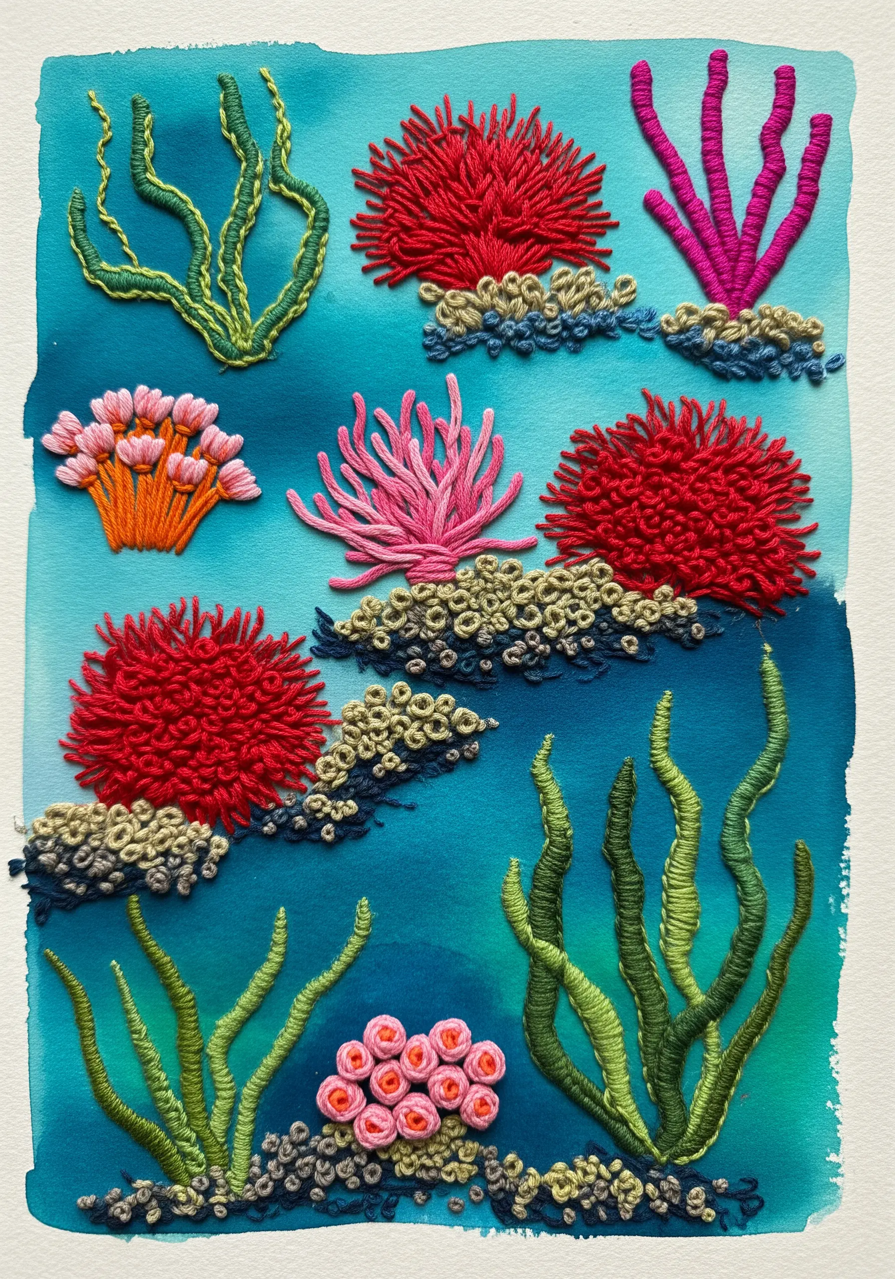 A densely textured embroidery of a coral reef with French knots and bullion stitches on a painted background.