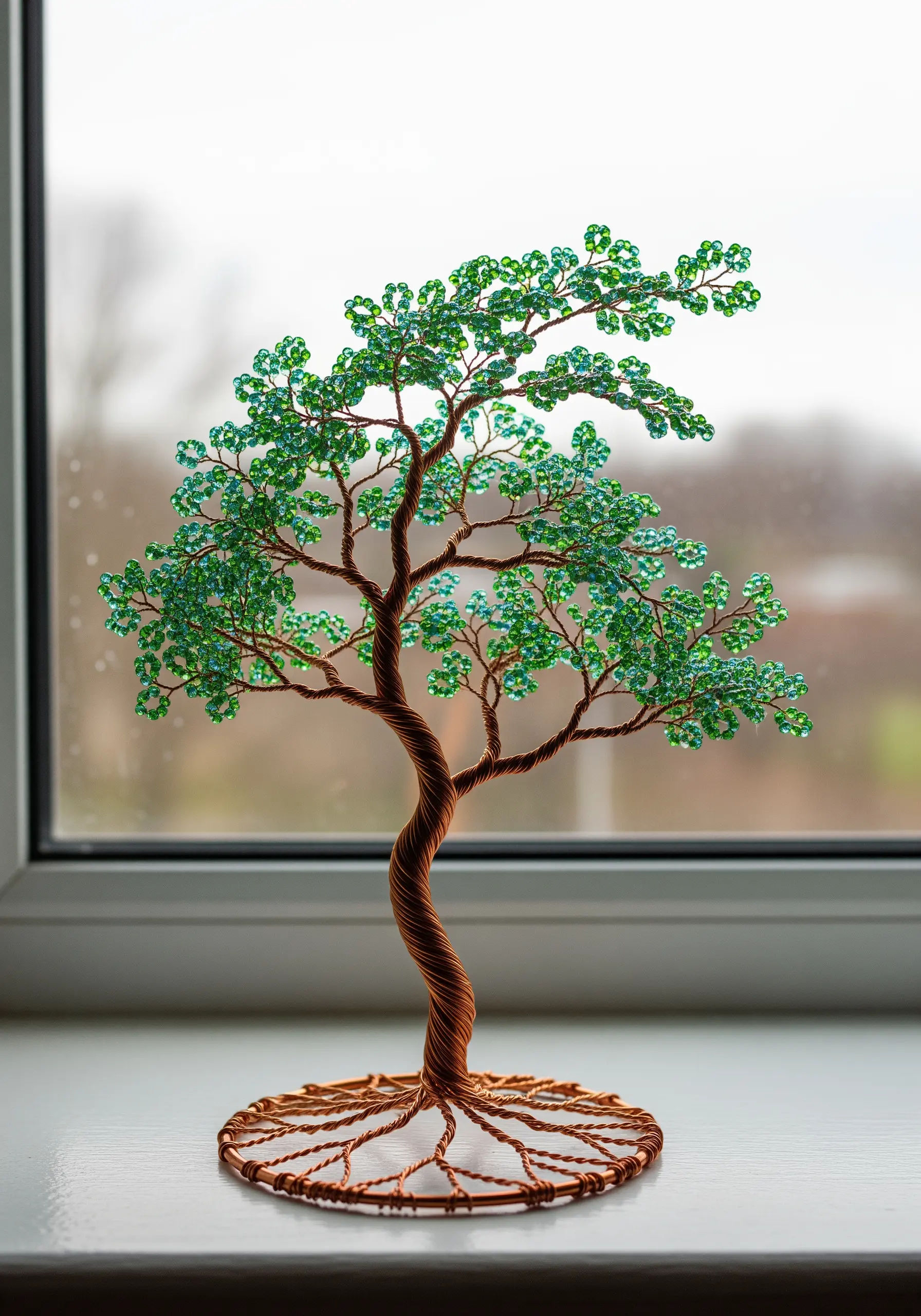 A small, intricate tree sculpture made from twisted copper wire with tiny green and blue beads as leaves.