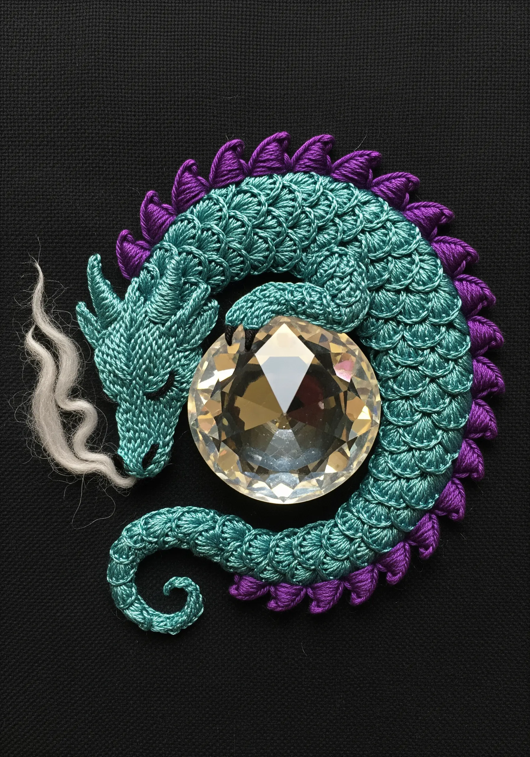 A teal and purple embroidered dragon with 3D scales curled around a large crystal bead.