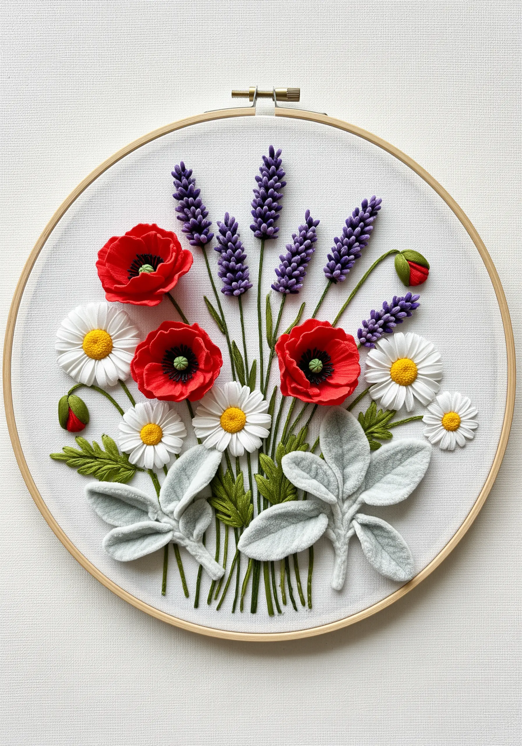 A 3D bouquet of red, white, and purple flowers made from sculpted felt pieces in a hoop.