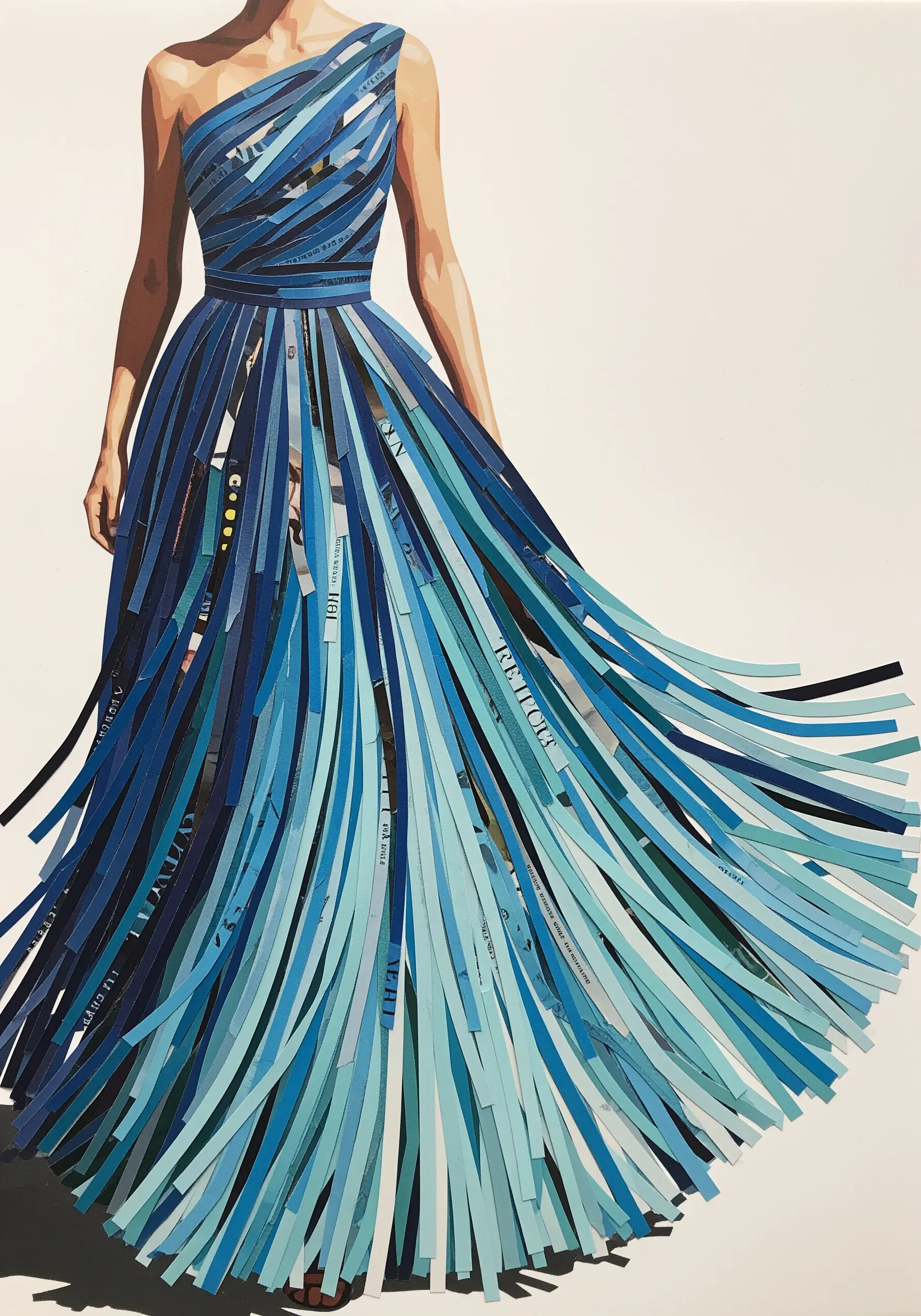 A collage of a flowing blue dress made from long, layered strips of magazine paper.