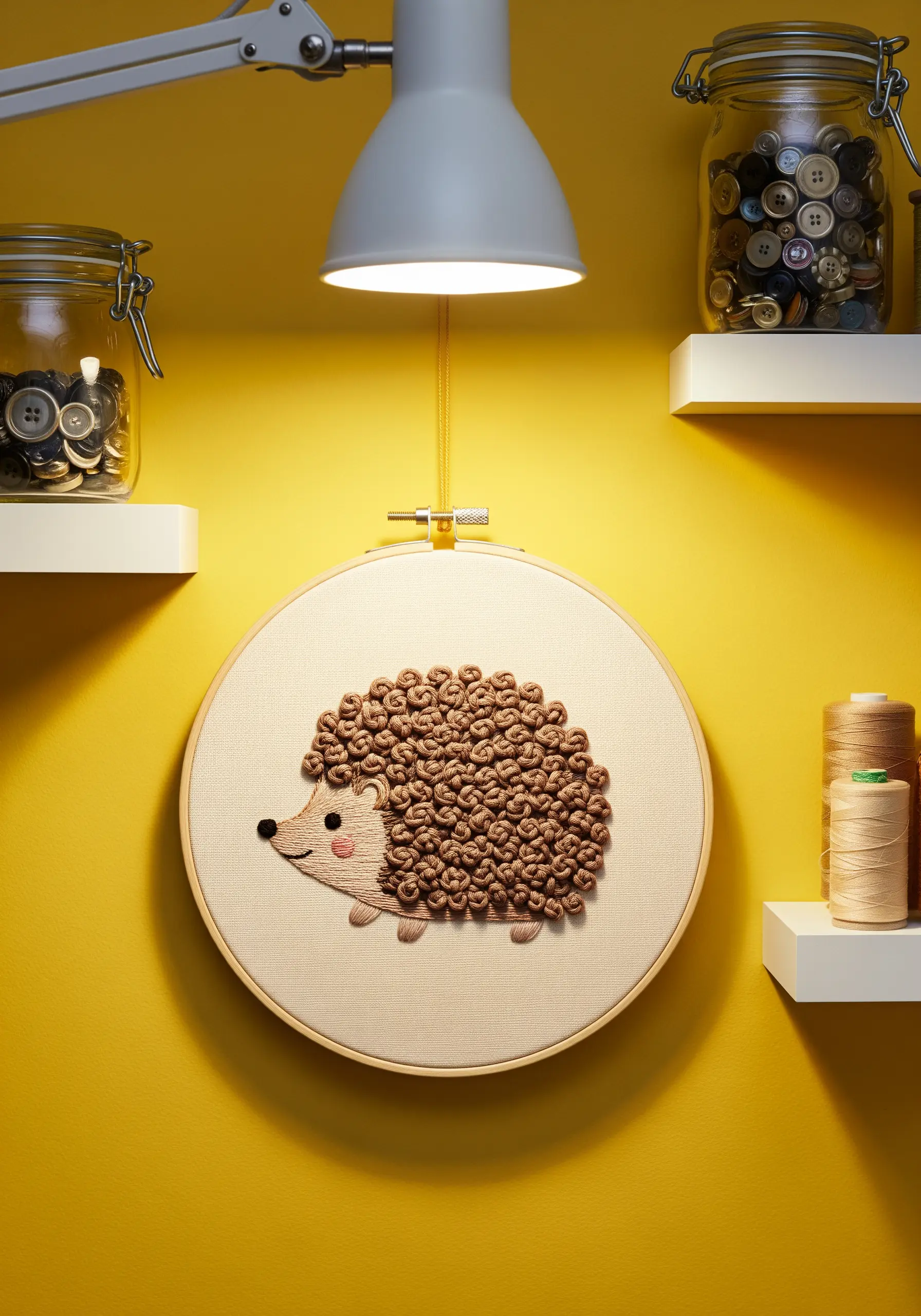 Hedgehog with textured spines created from layered brown bullion knots.
