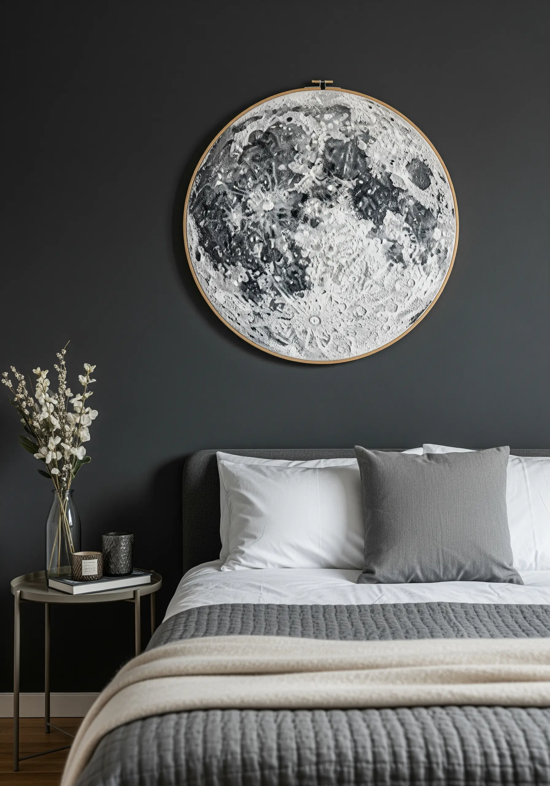 A large, highly textured embroidery of a realistic full moon on a dark wall.