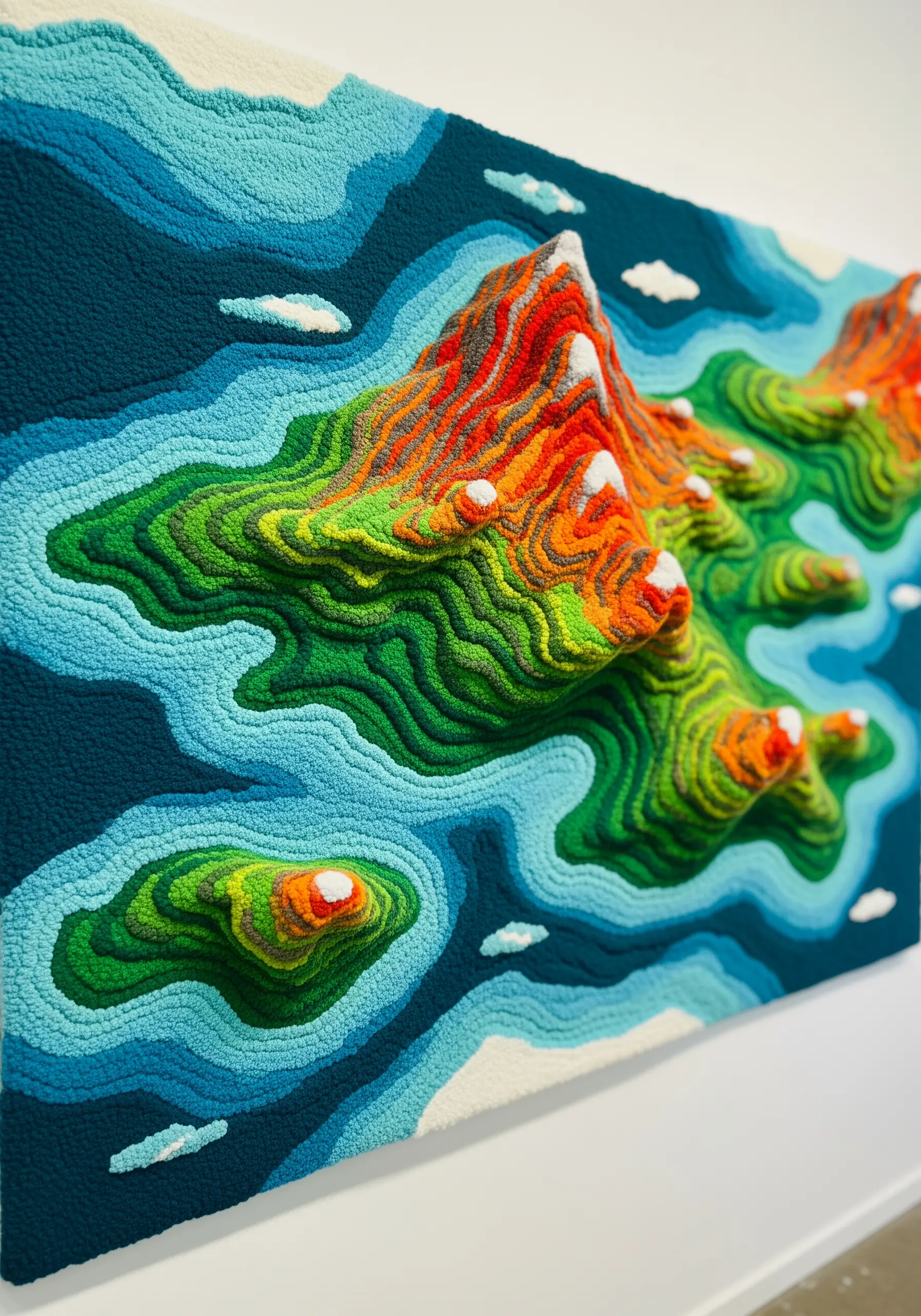 A colorful punch needle wall hanging depicting a topographic map with varied loop heights.