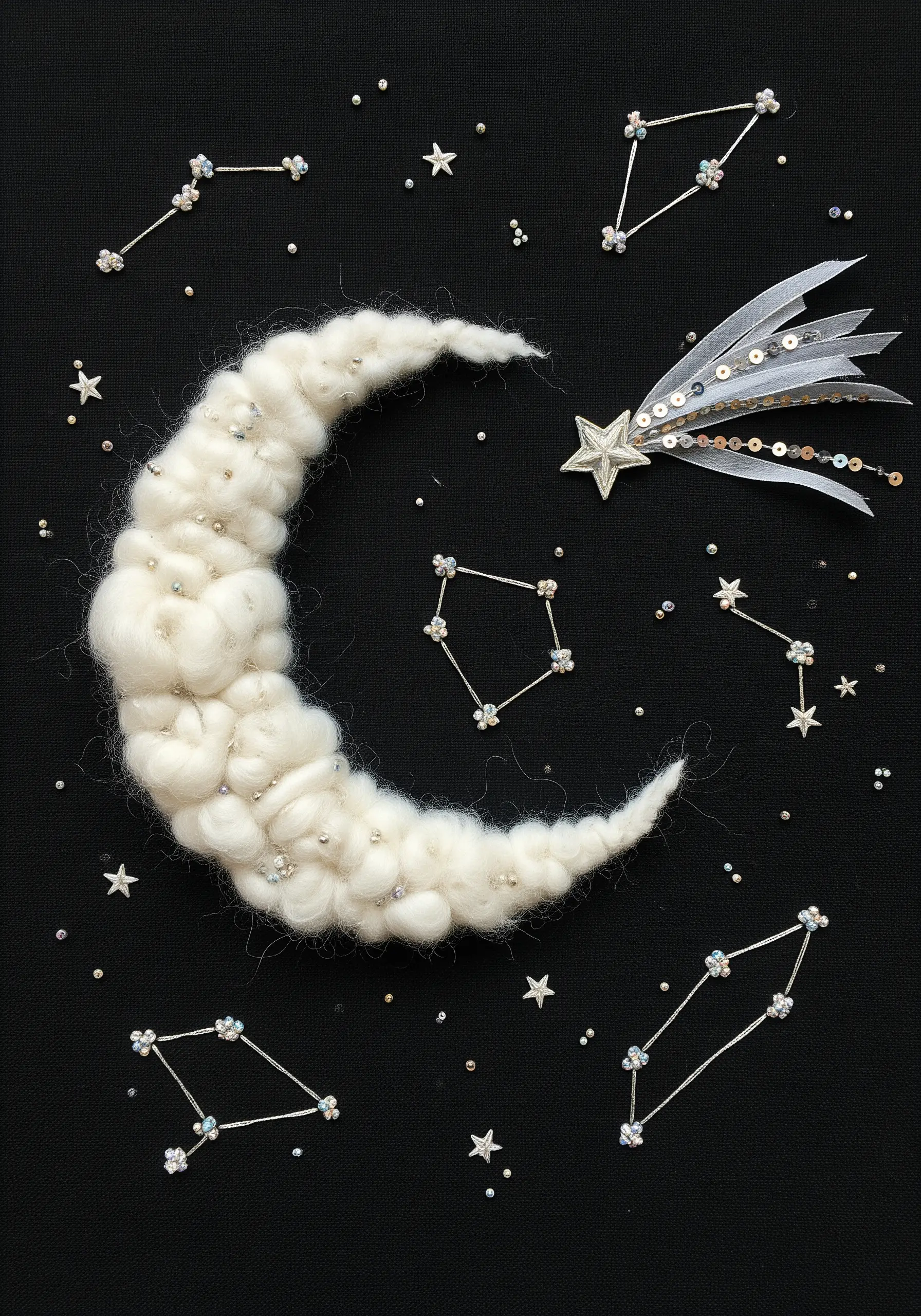 Needle-felted wool moon with beaded constellations and a ribbon shooting star on black fabric.