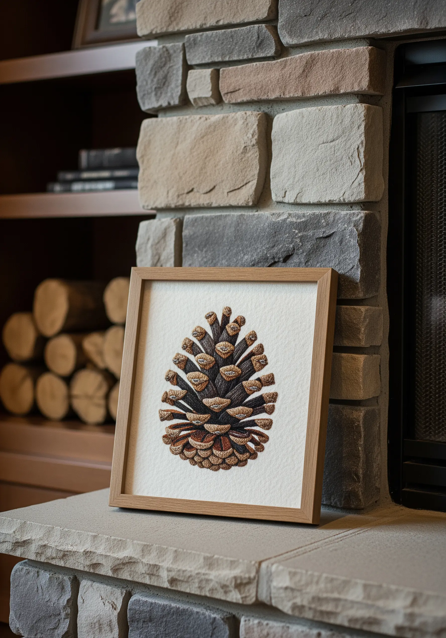 A detailed, thread-painted pinecone with layered, dimensional scales.