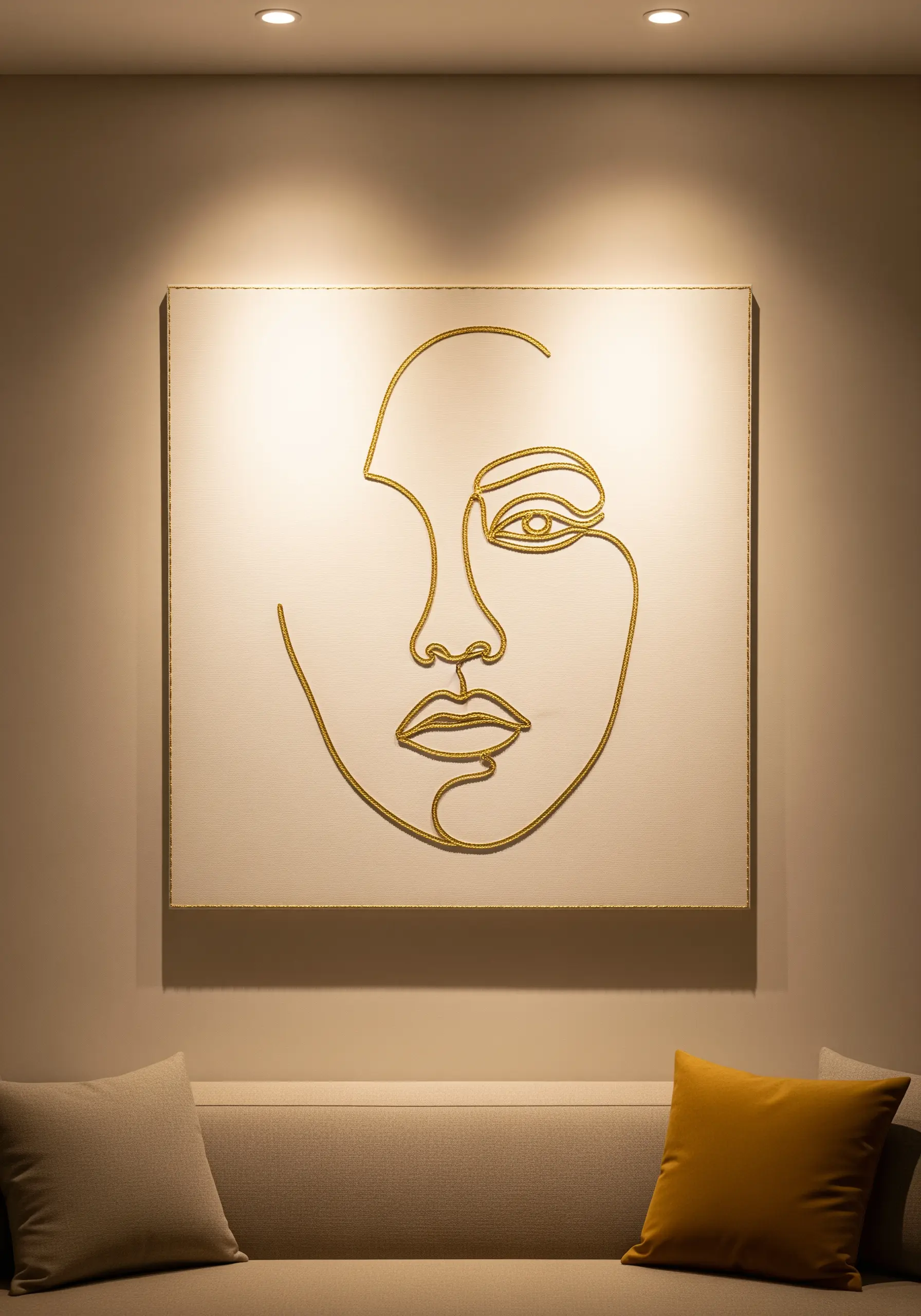 Large canvas with a single-line face portrait created with a thick, couched gold cord.