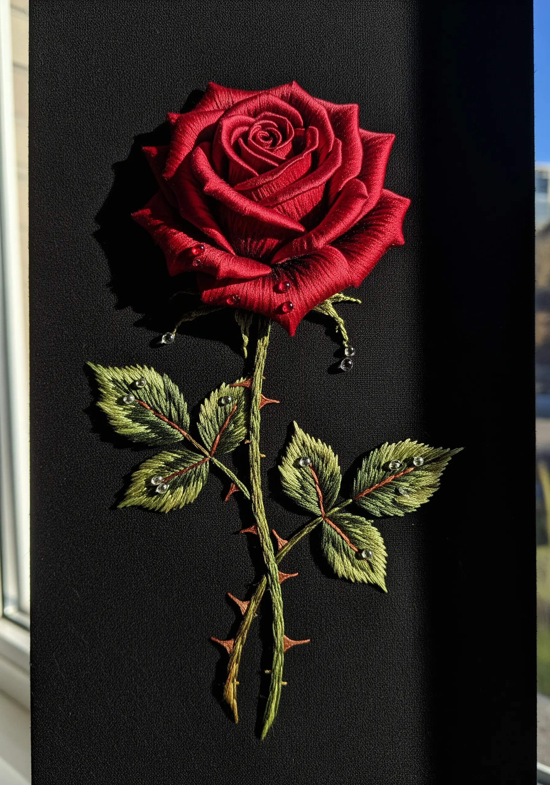 A hyper-realistic red rose embroidered with thread painting and dewdrop beads.