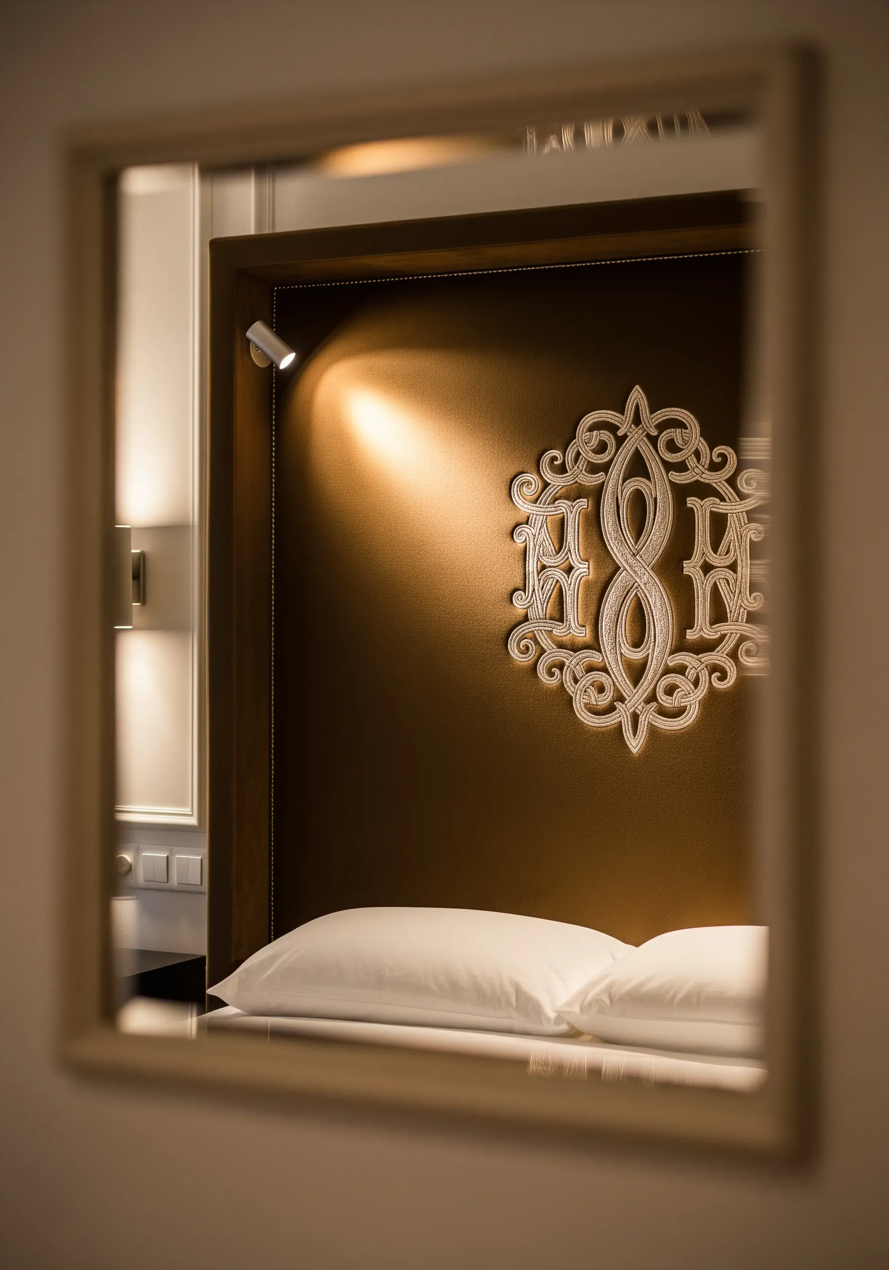 An ornate, raised white monogram on a dark fabric headboard, viewed in a mirror.