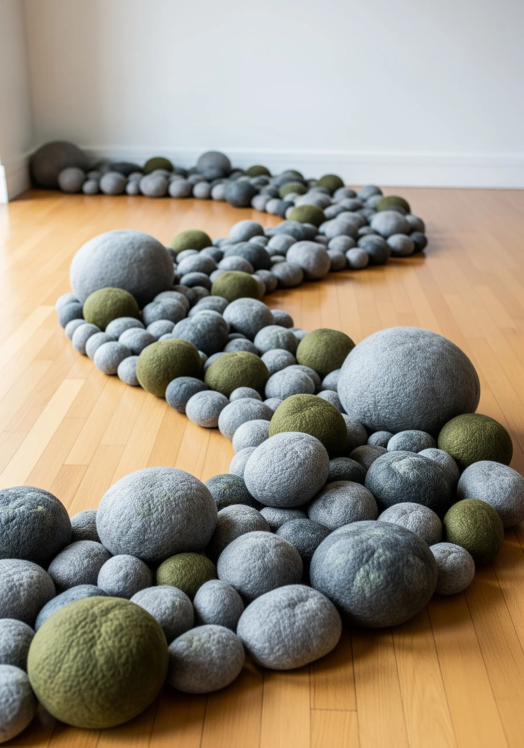 A floor installation of gray and green felted wool stones arranged in a curving river-like path.
