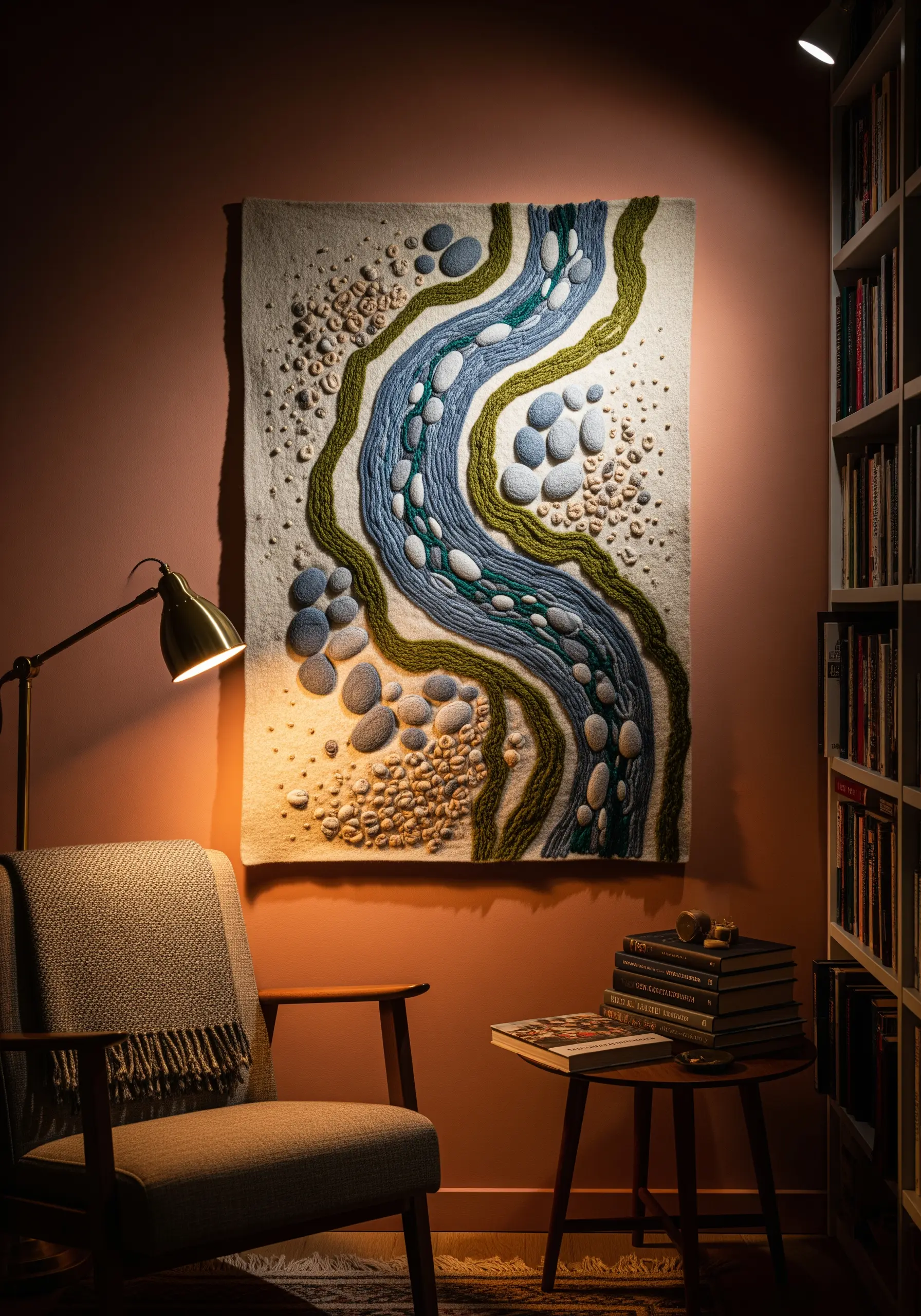 Textural wall hanging depicting a winding river with 3D embroidered stones and moss