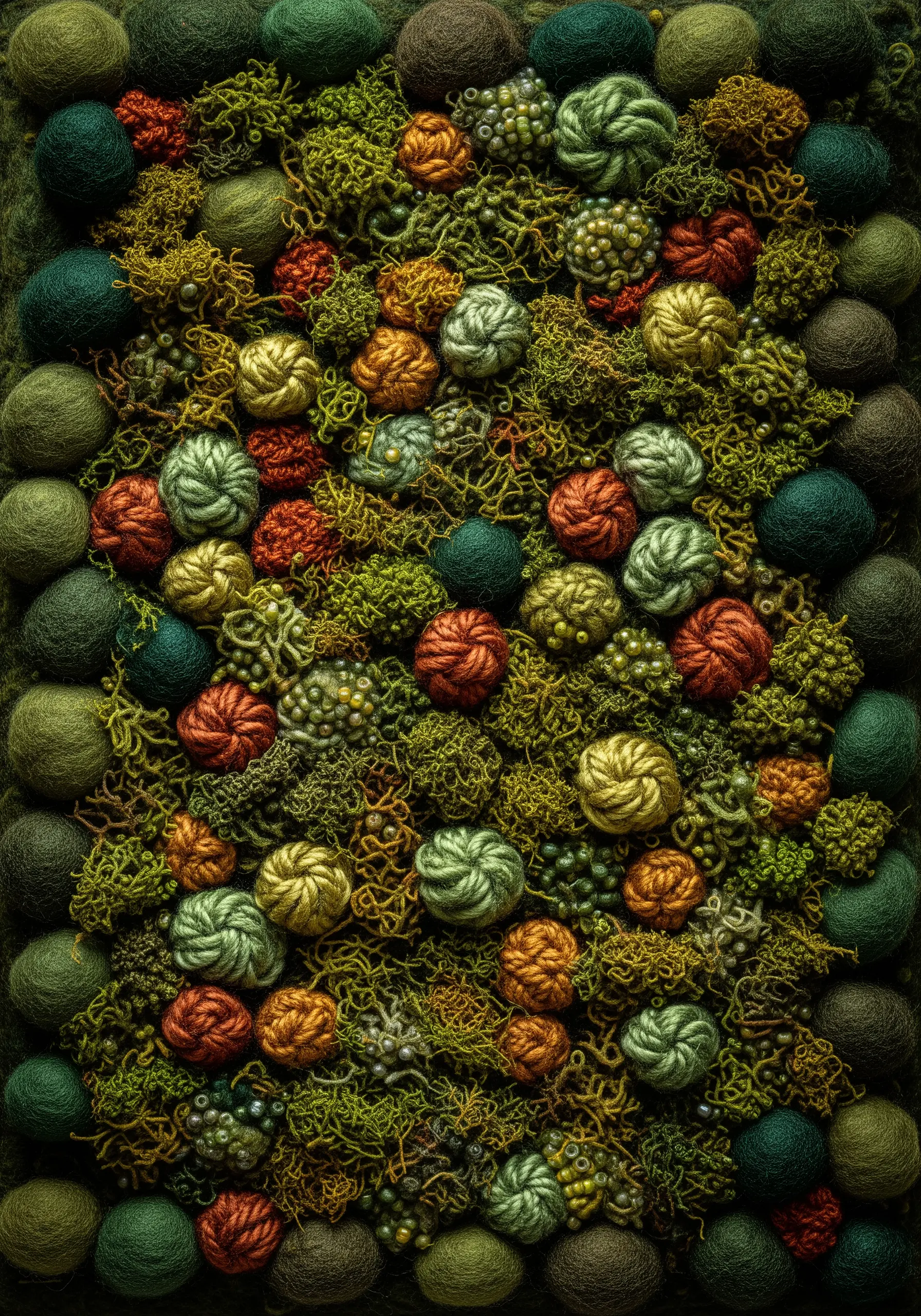 A dense, sculptural embroidery made of green, orange, and brown yarn knots.
