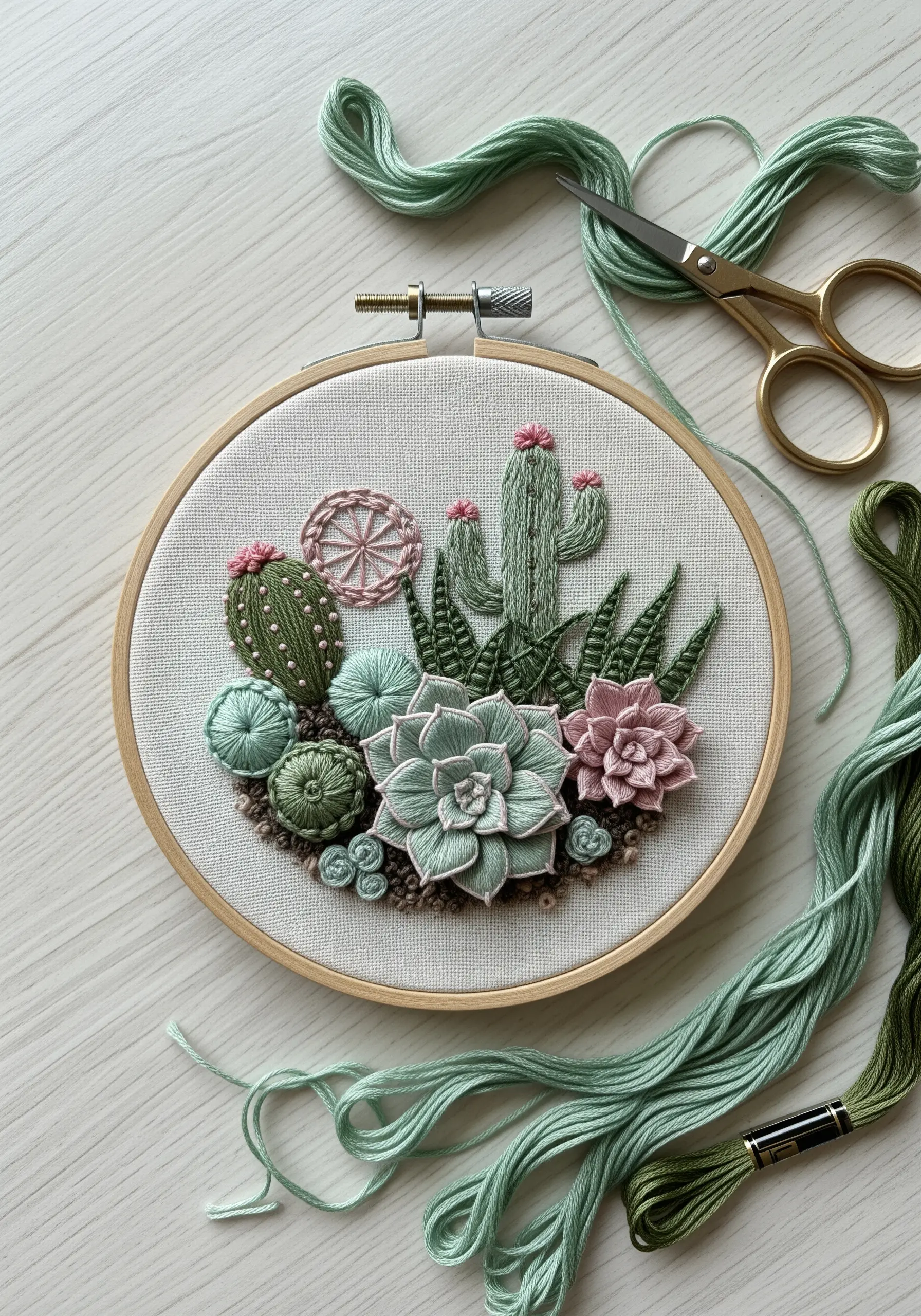 A 3D succulent garden in an embroidery hoop using dimensional stitches like woven wheels.