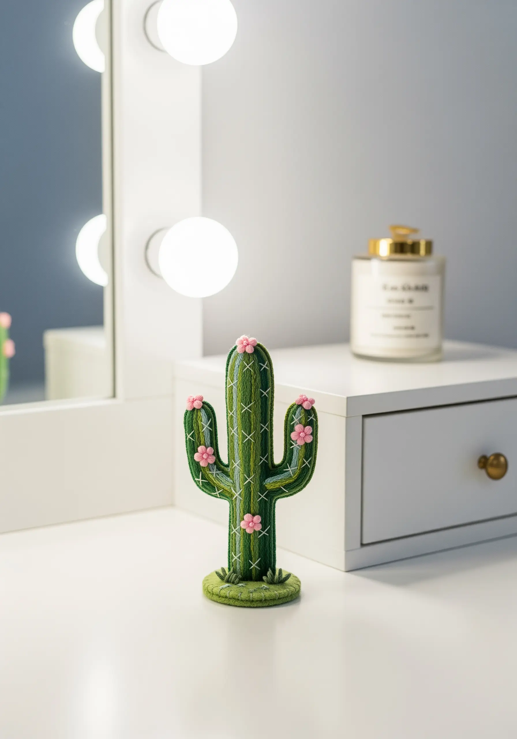 A small, 3D cactus sculpture made from wrapped green thread with pink floral details.
