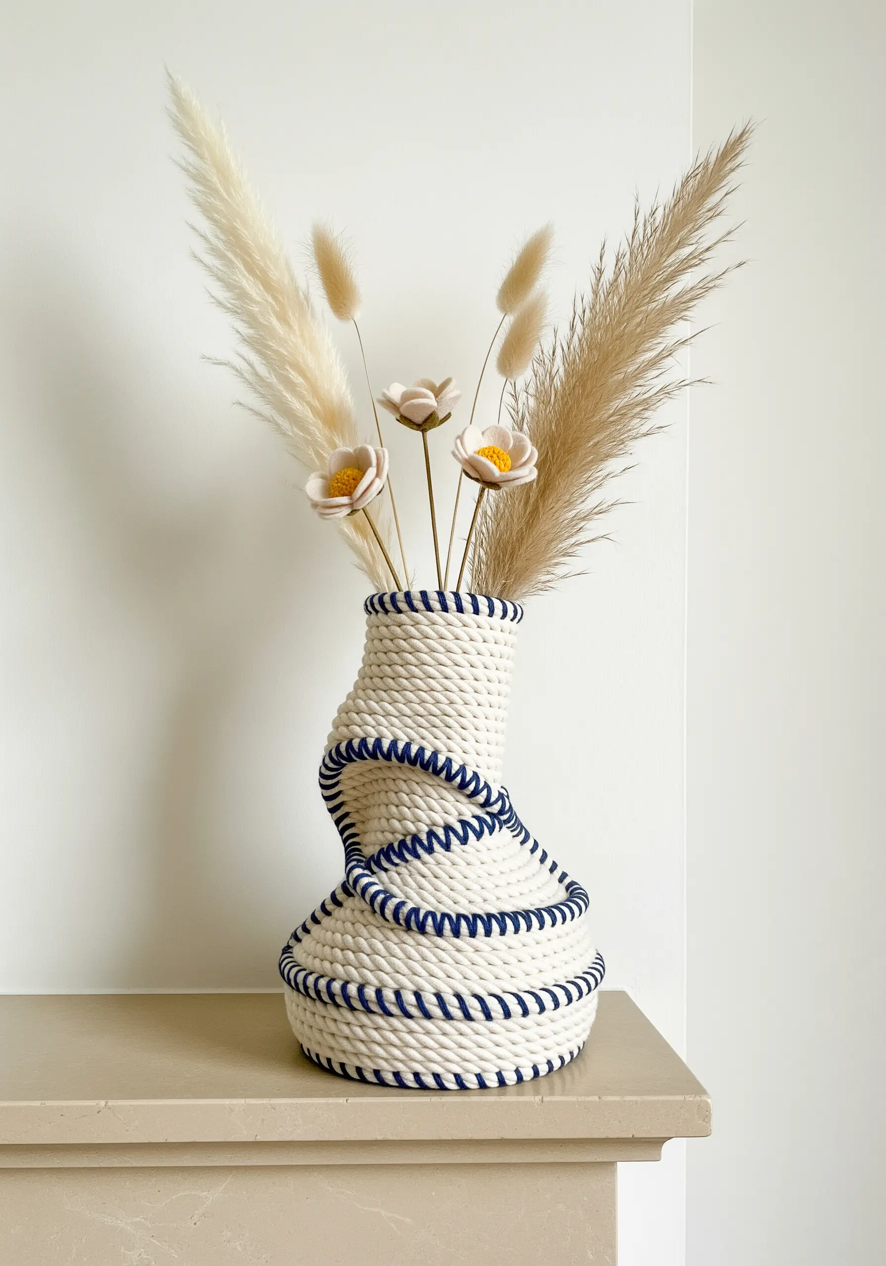 A sculptural vase made from coiled white rope, with a navy blue thread spiraling around it.