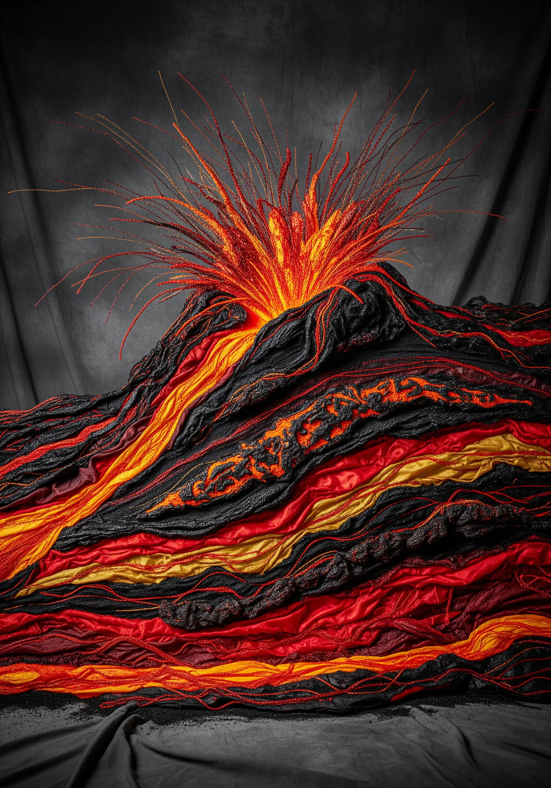 A dramatic 3D textile sculpture of an erupting volcano using red, orange, and black fabrics.